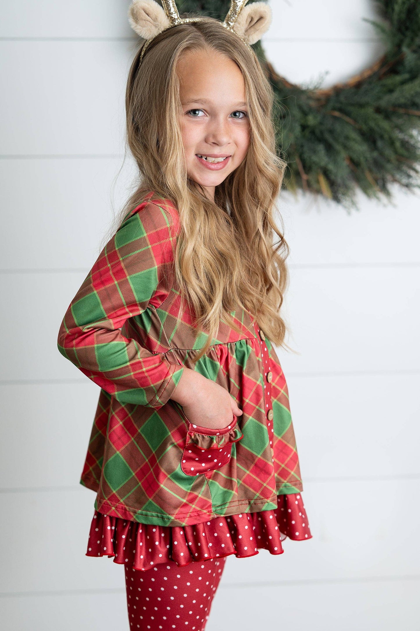 Kids Holiday Plaid & Polka Dot Pocket Ruffle Button Pant Set