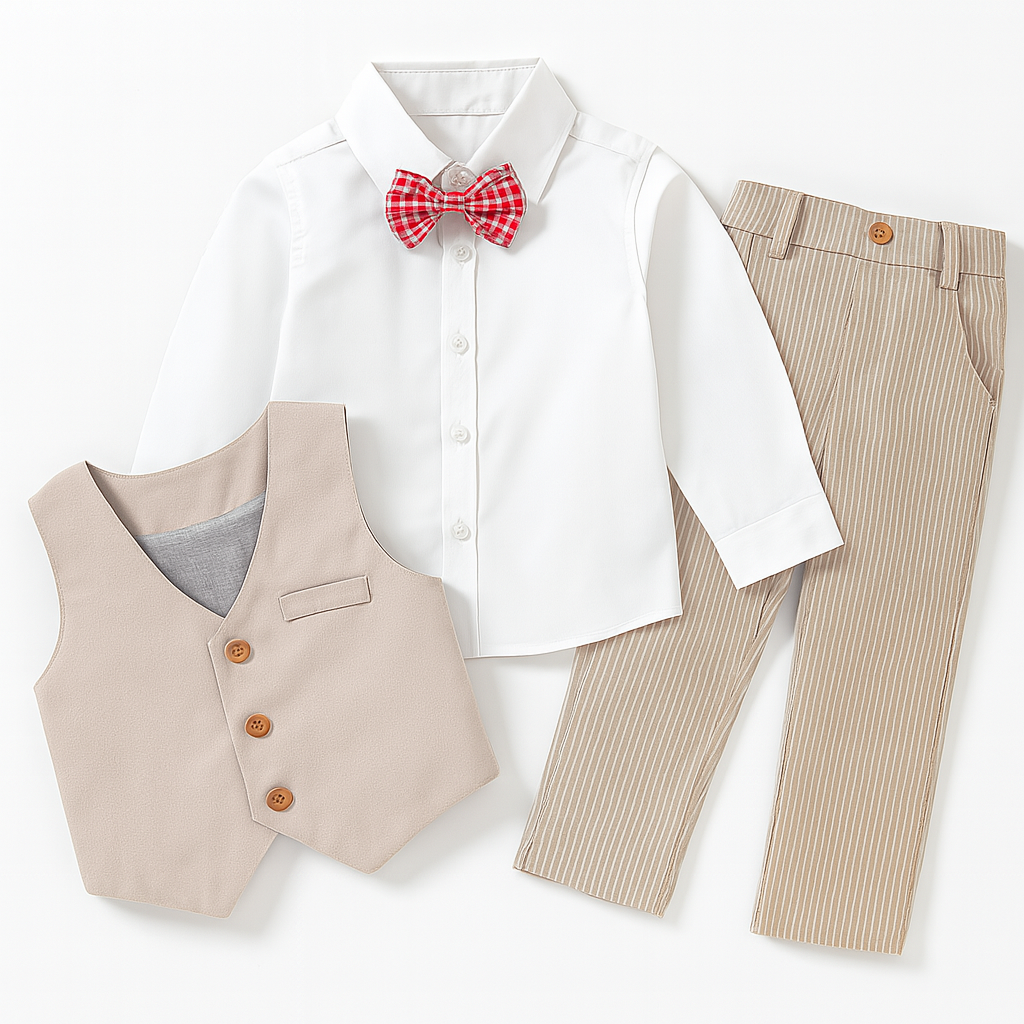 Khaki White Formal Wear Shirt, Pants & Vest 3pcs Boy Outfit