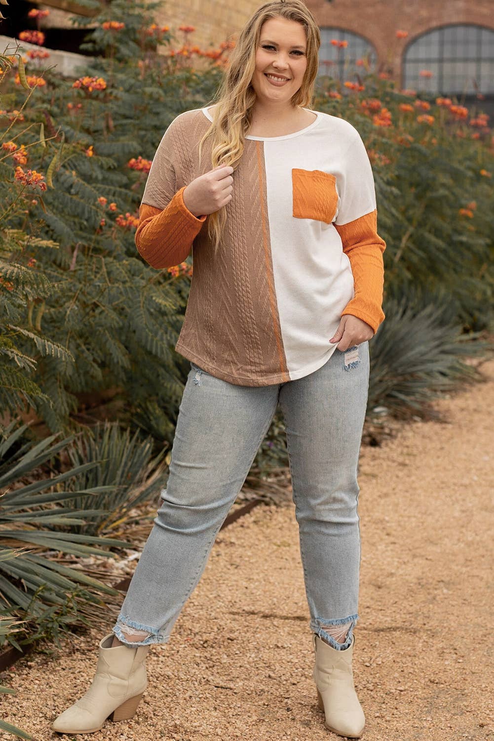 Plus Size Color Block Textured Patchwork Top with Pocket