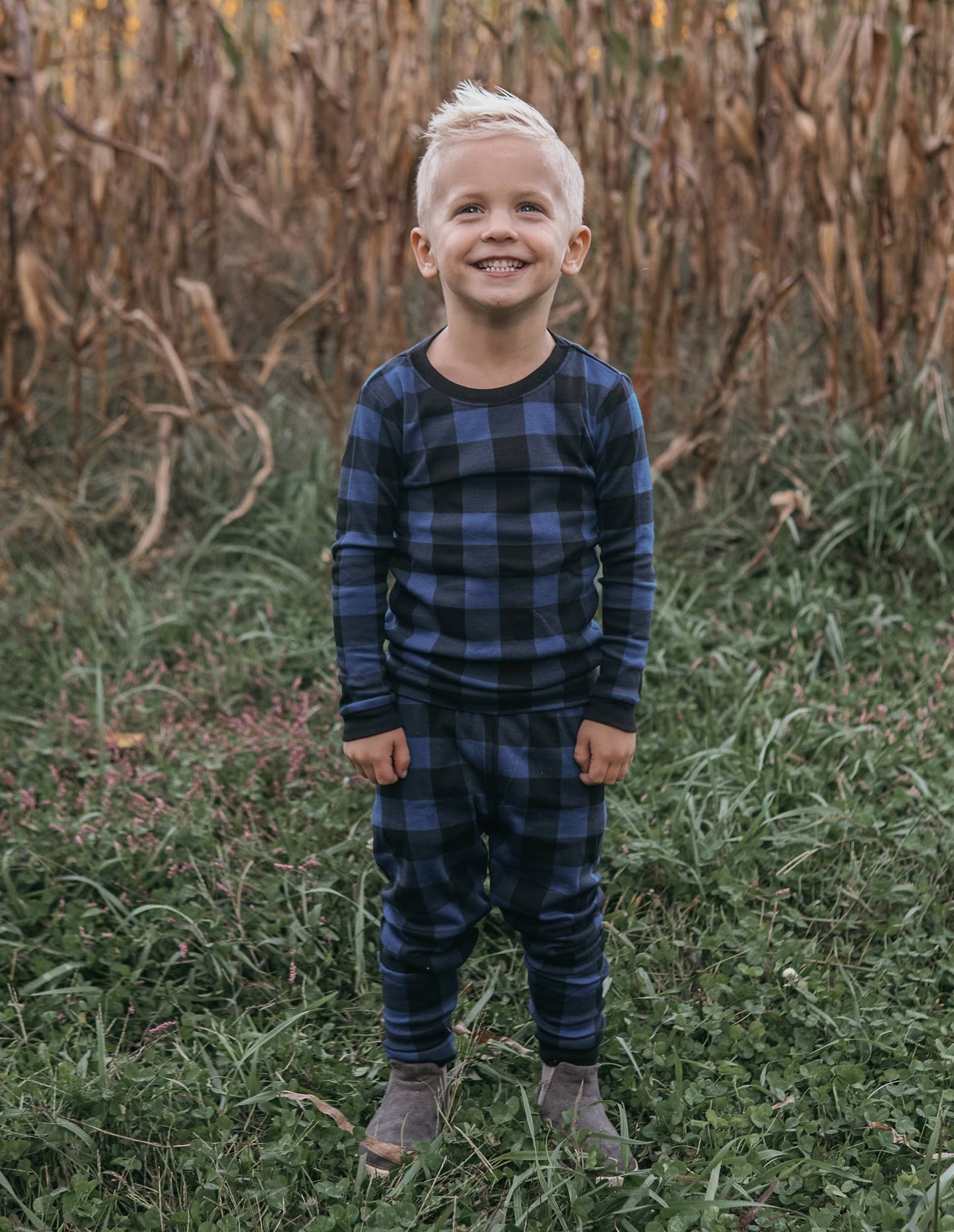 Kids Two Piece Cotton Pajamas Black & Navy Plaid
