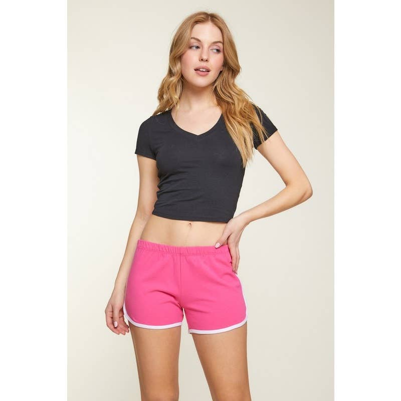 V Neck Short Sleeve Rib Knit Solid Cropped Tee