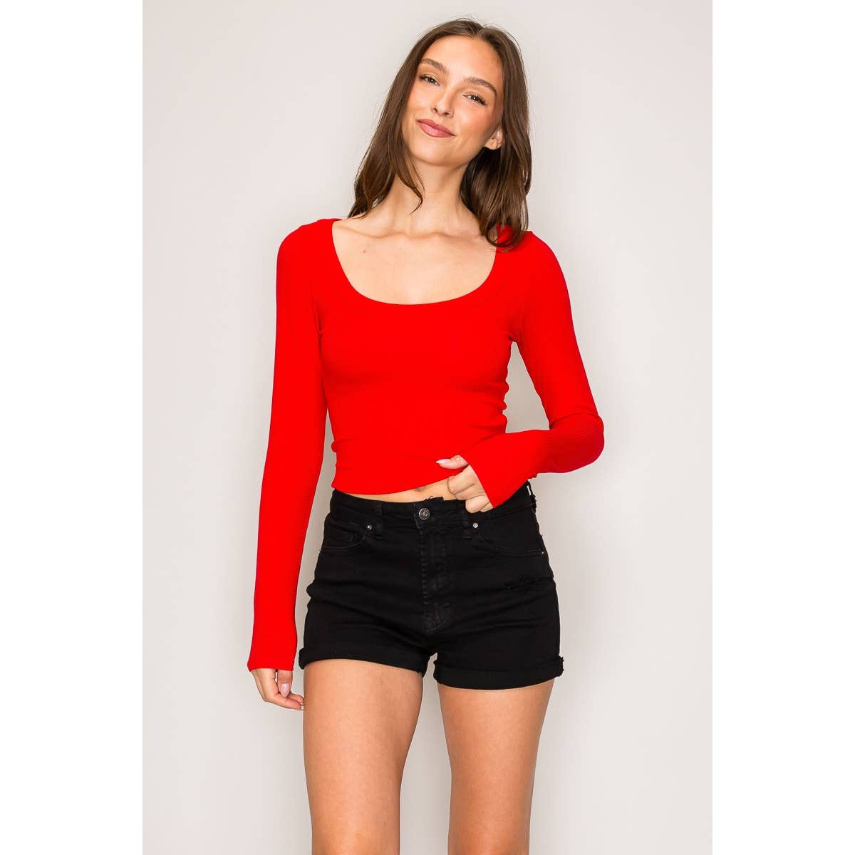 Ribbed Long Sleeve Wide Neck Top