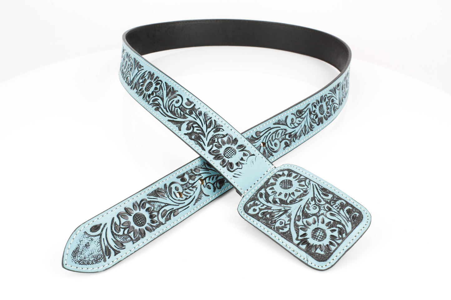 Western Tooled Leather Belt in Black & Turquoise ABB 38 1015