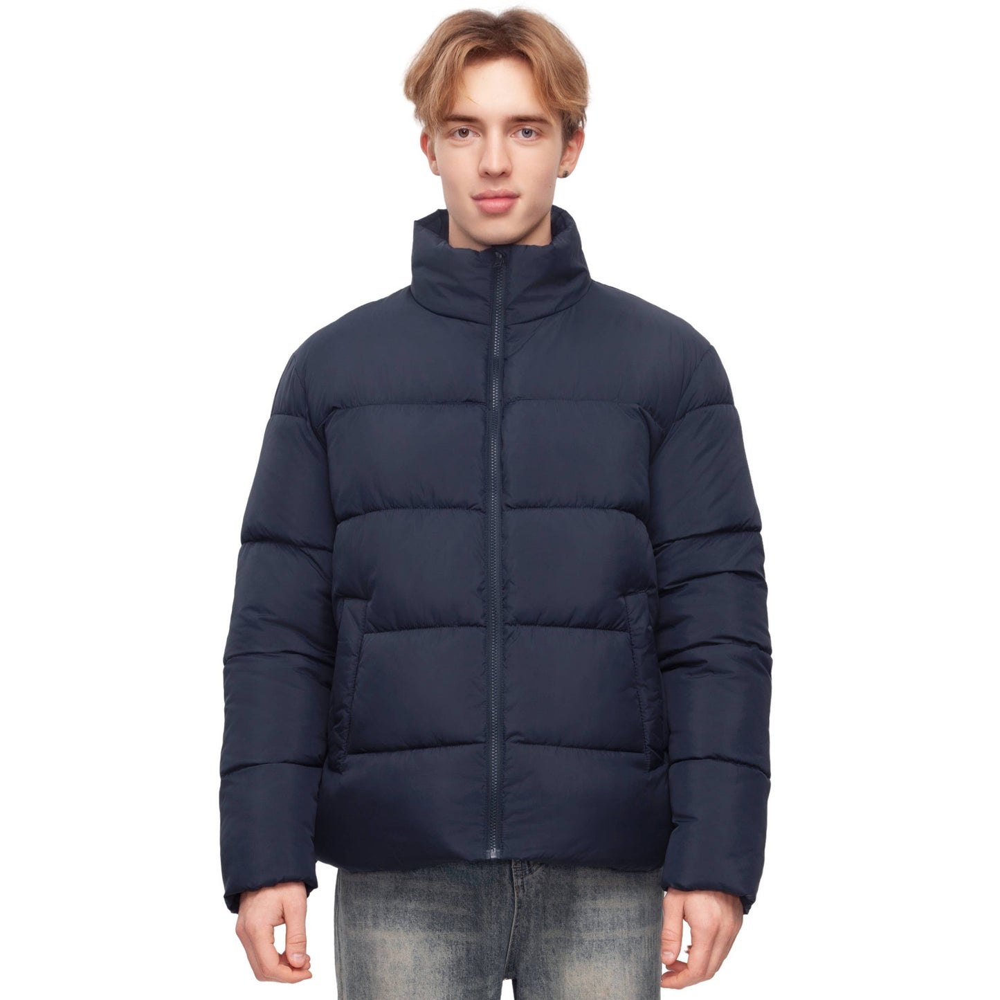 Men's Solid Puffer Coat Stand Up Collar Jacket
