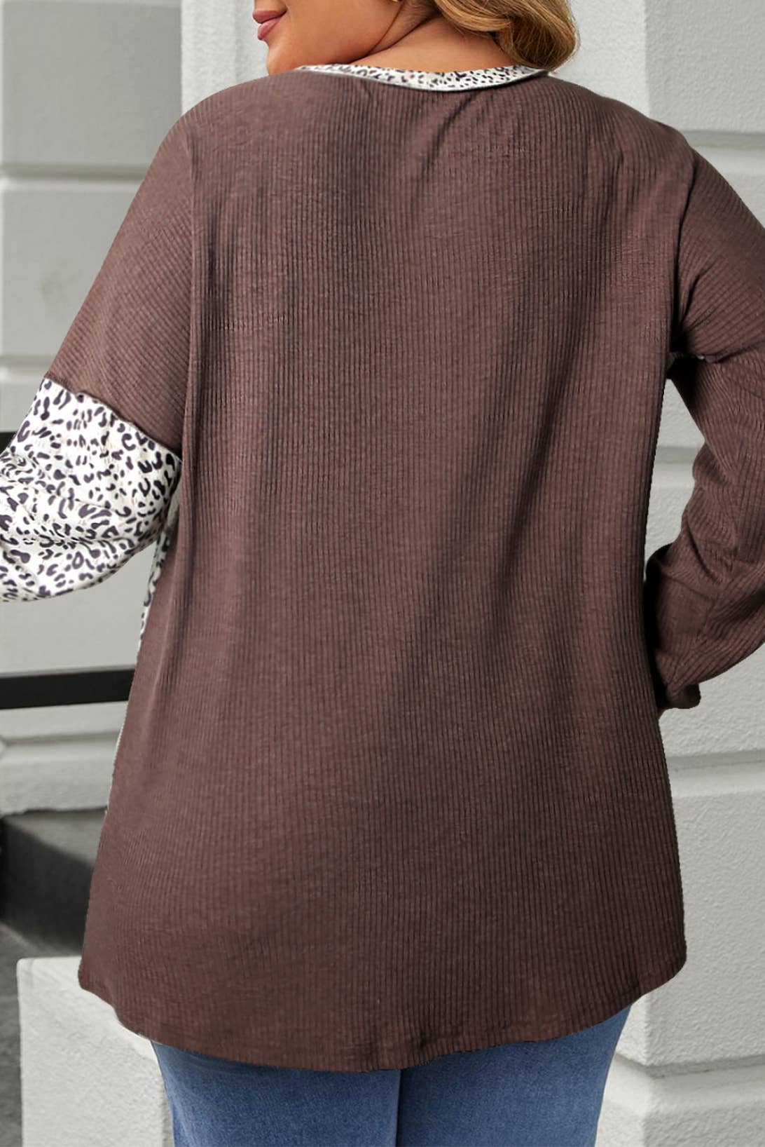 Plus Size Leopard Colorblock Textured Knit Patchwork Top