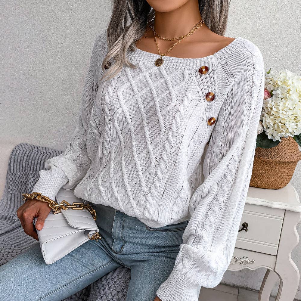 Fall Winter Casual Square Neck Button Detail Cable Knit Swea