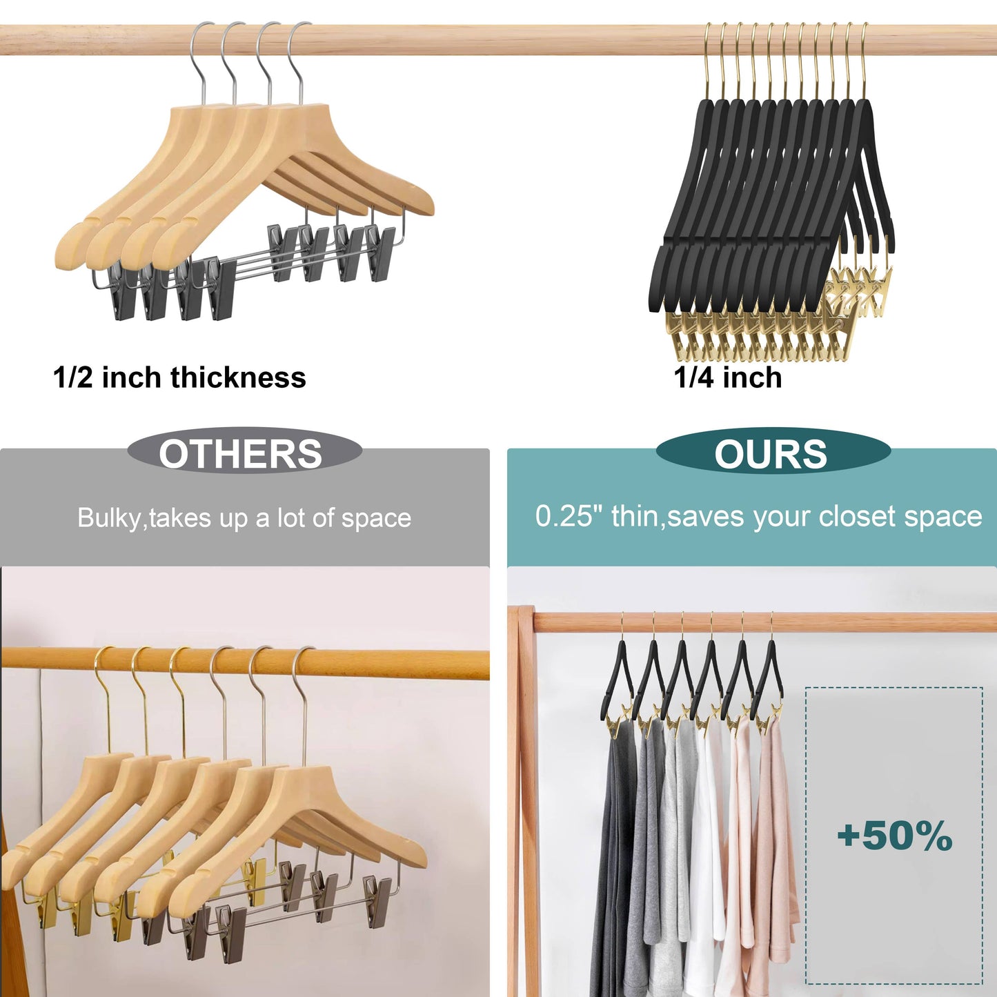 WS73 Ultra Slim Skirt Pant Hangers + Clips Black/gold - 100