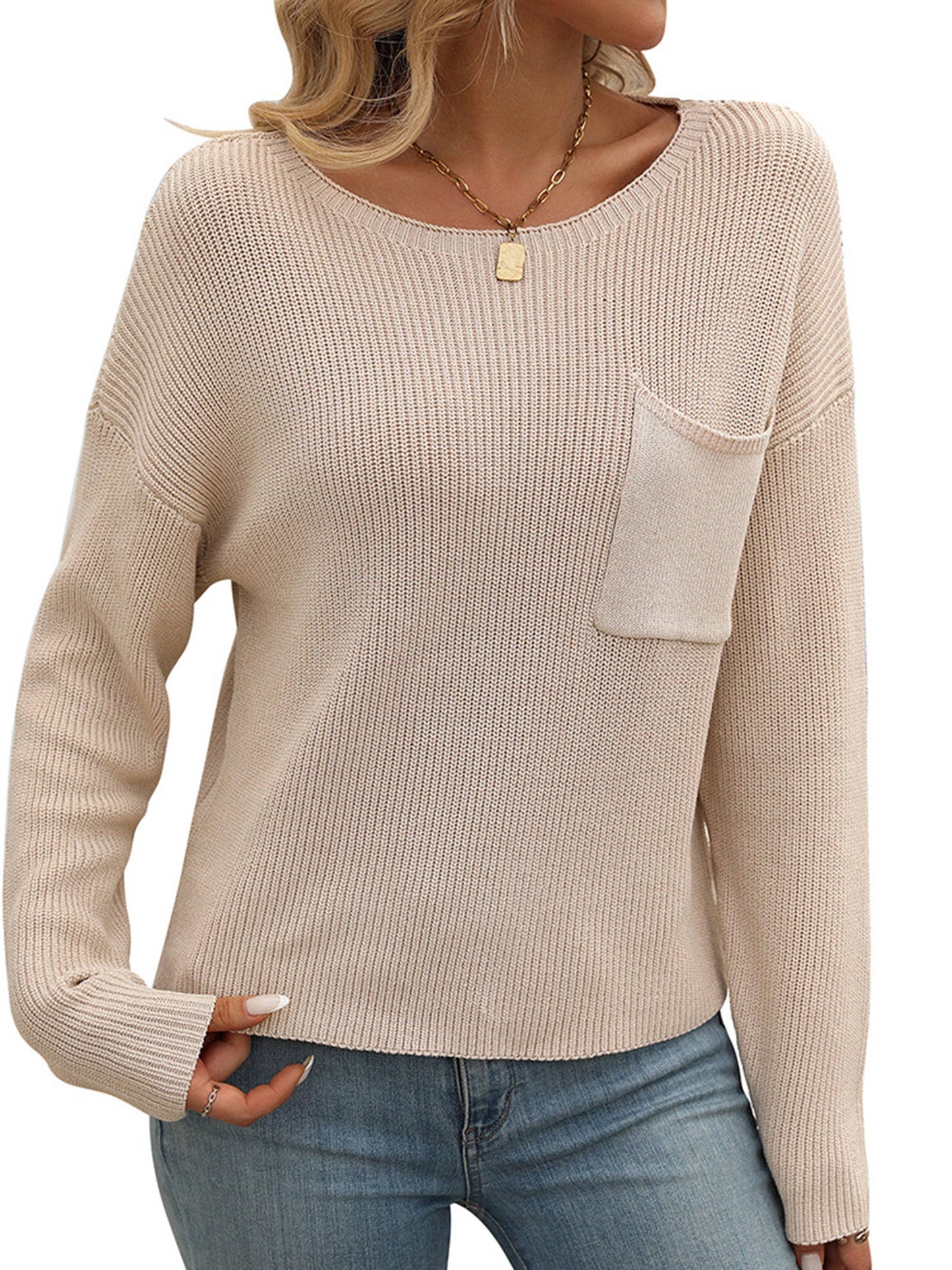 Round Neck Pocket Long Sleeved Sweater