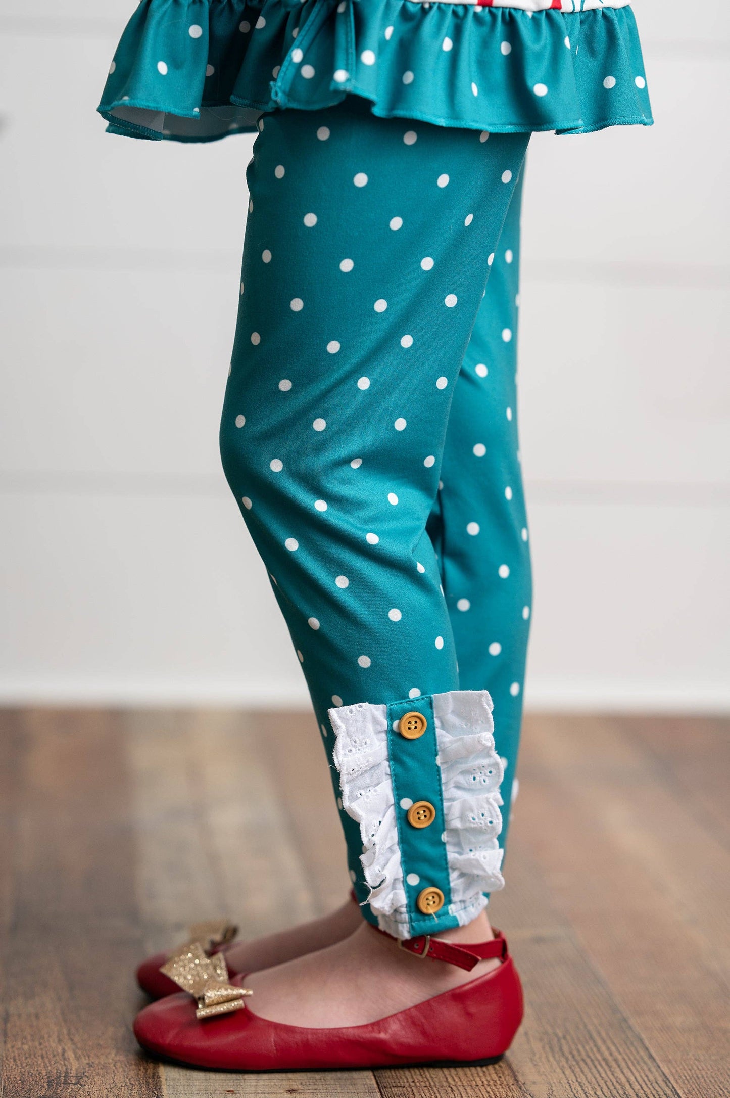 Girls Teal Coquette Bow & Pin Dot Ruffle Pant Winter Set