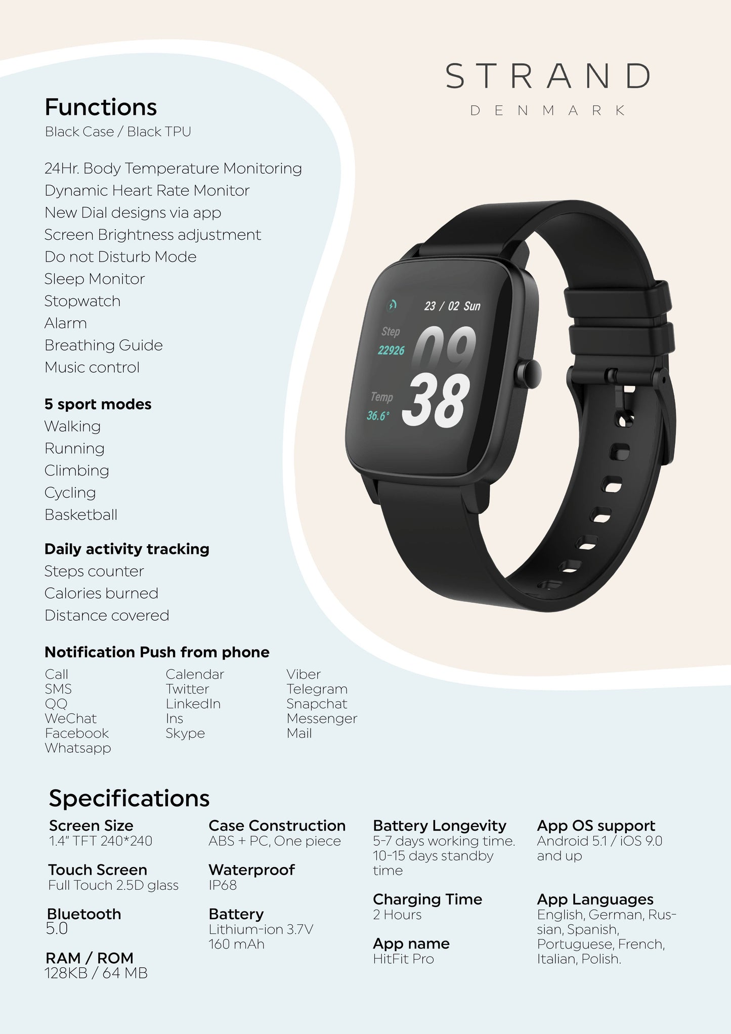 Strand Sport Style Smart watch connects with Apple & Android