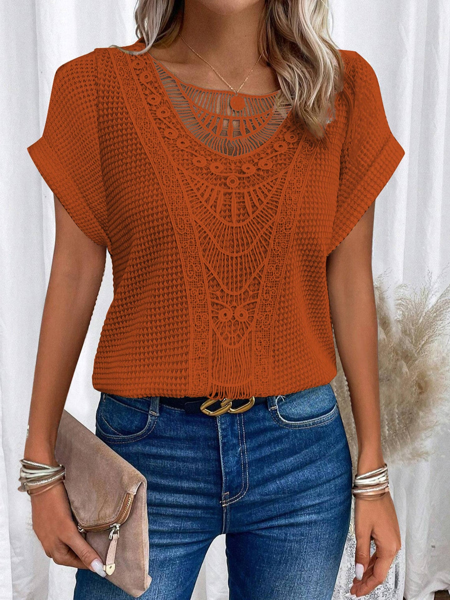 Lace Patchwork Short Sleeved Top