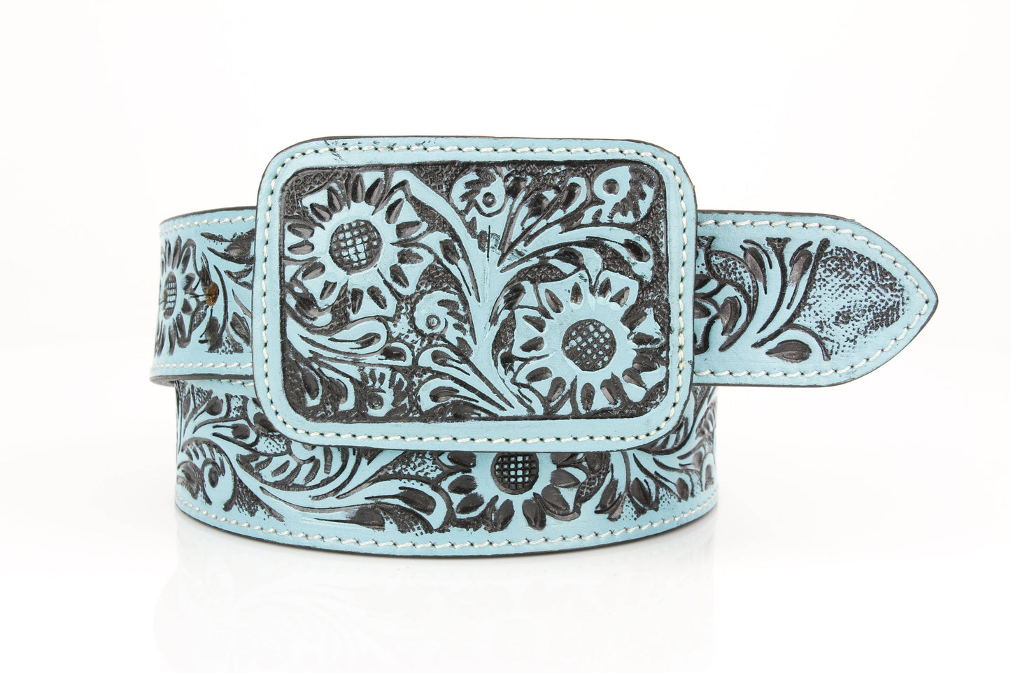 Western Tooled Leather Belt in Black & Turquoise ABB 38 1015