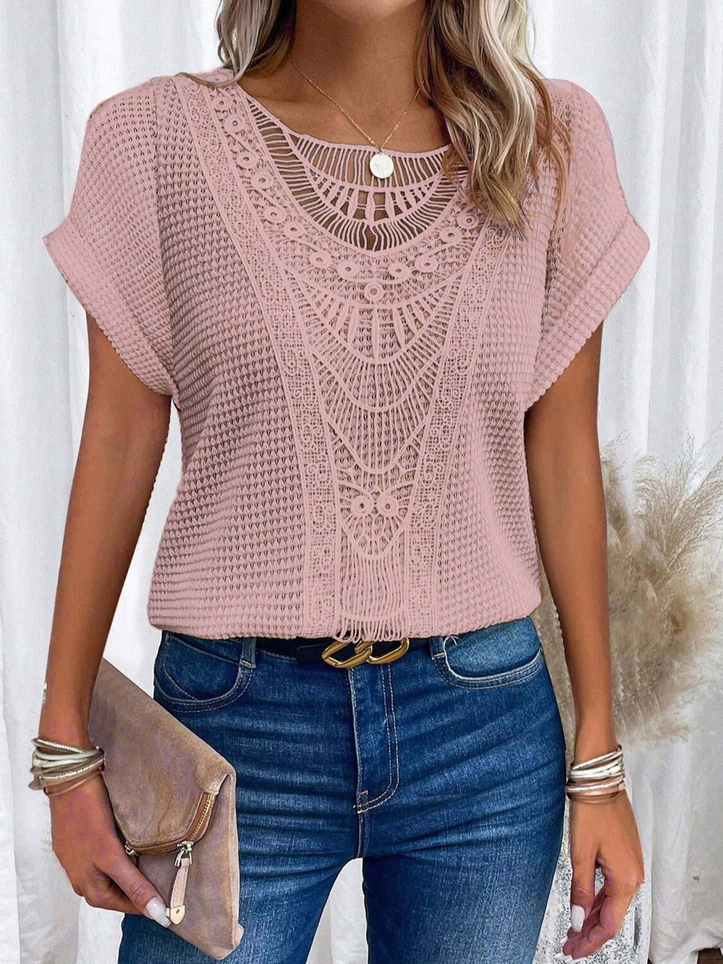 Lace Patchwork Short Sleeved Top