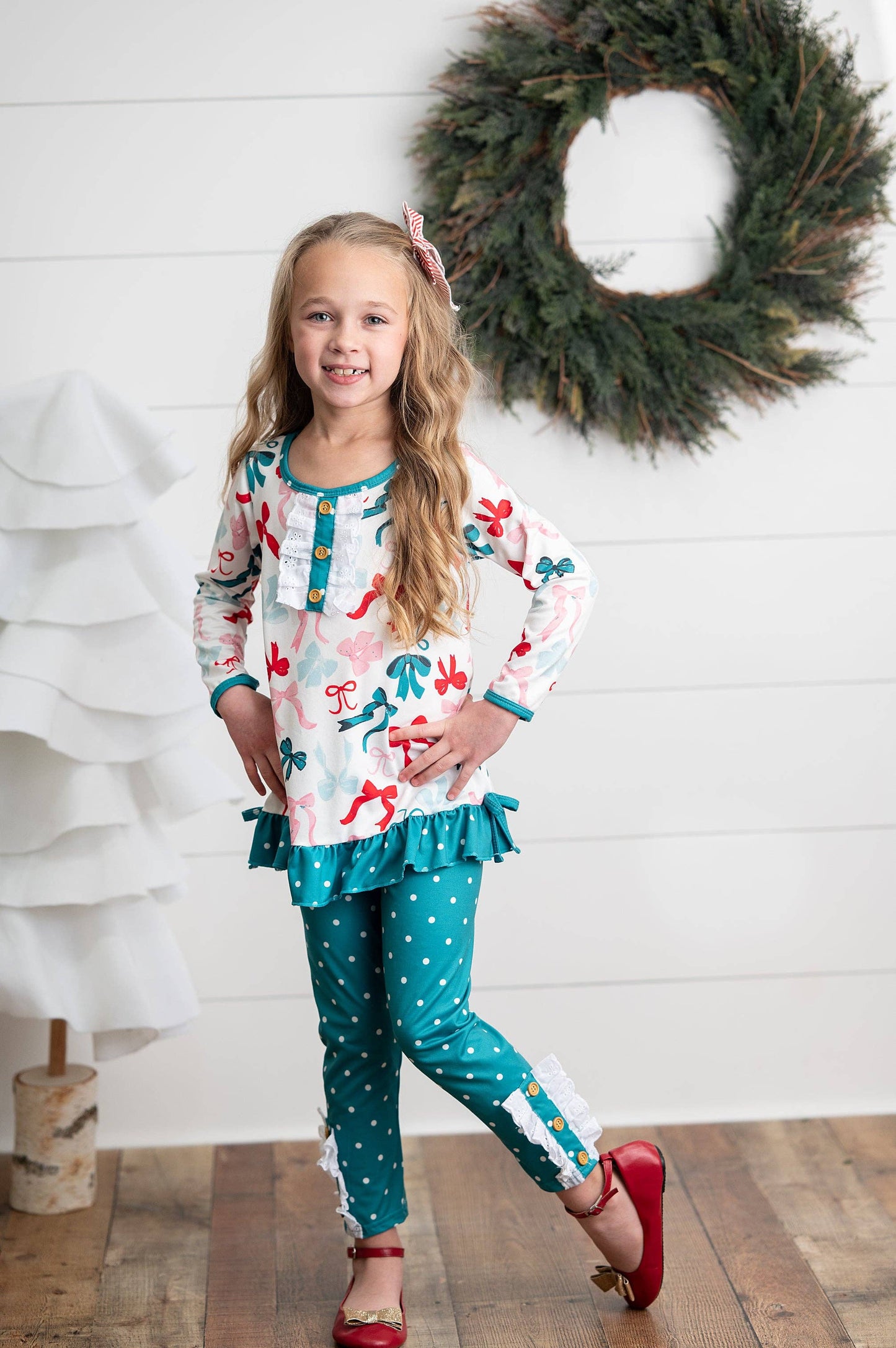 Girls Teal Coquette Bow & Pin Dot Ruffle Pant Winter Set