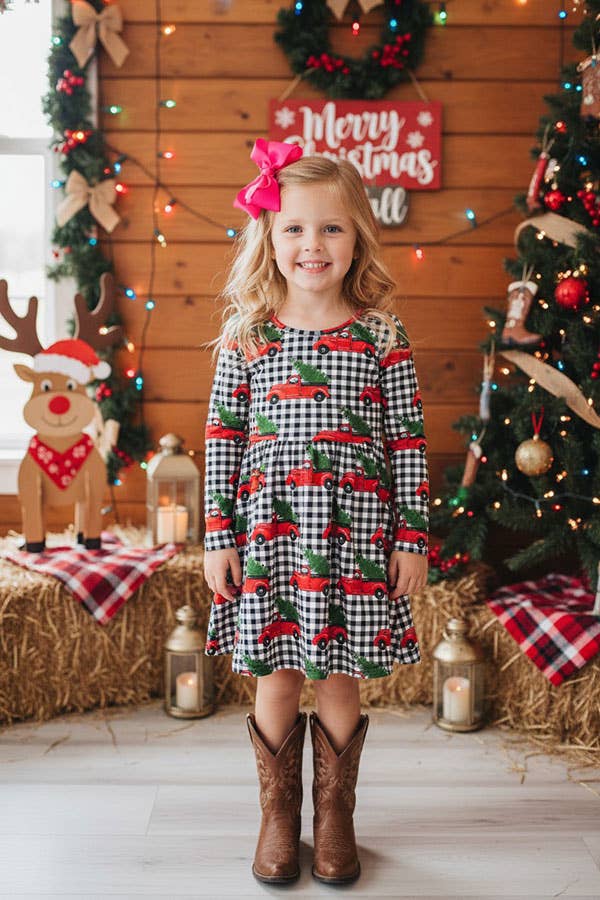 Red truck&tree black/white plaid sleeve dress XCH0017-8H