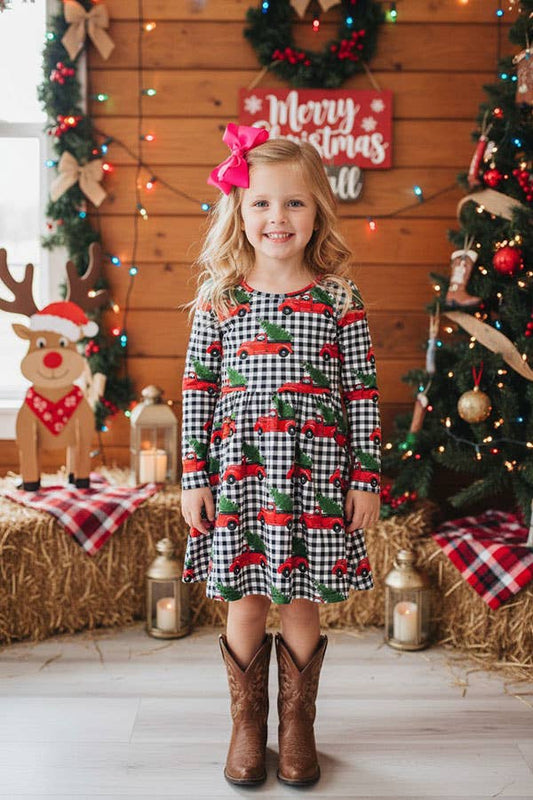 Red truck&tree black/white plaid sleeve dress XCH0017-8H