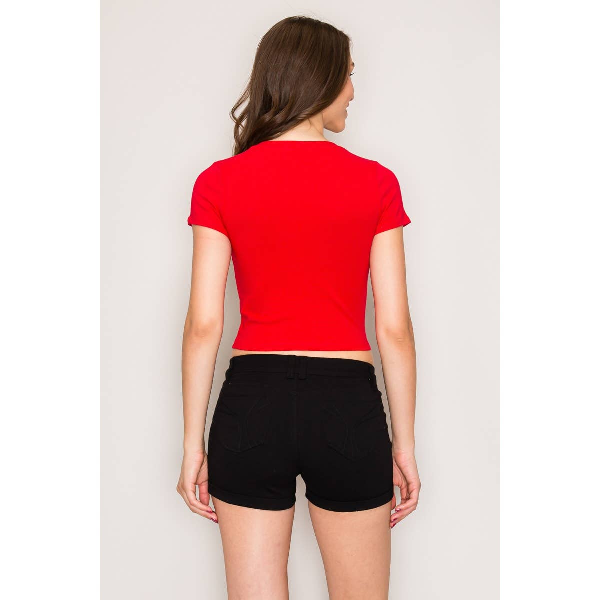V Neck Short Sleeve Rib Knit Solid Cropped Tee