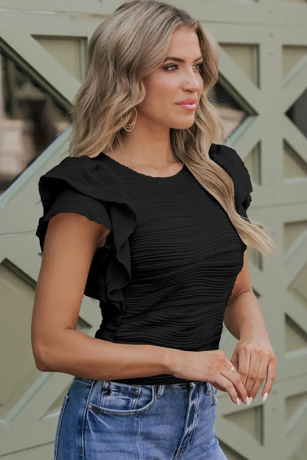 White Wavy Textured Ruffle Sleeve Top