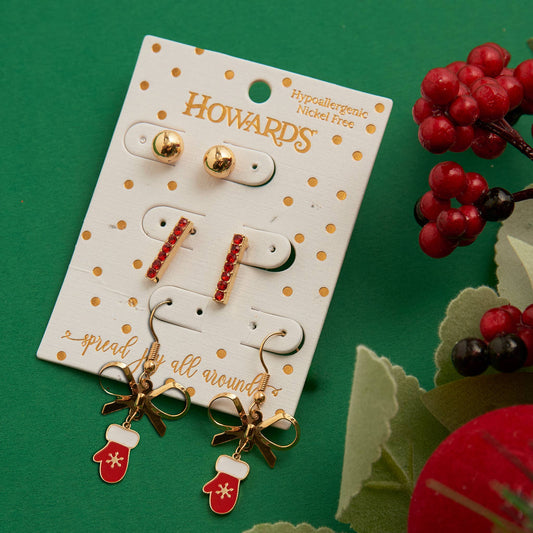 Holiday Gold Christmas Mittens Earring Trio
