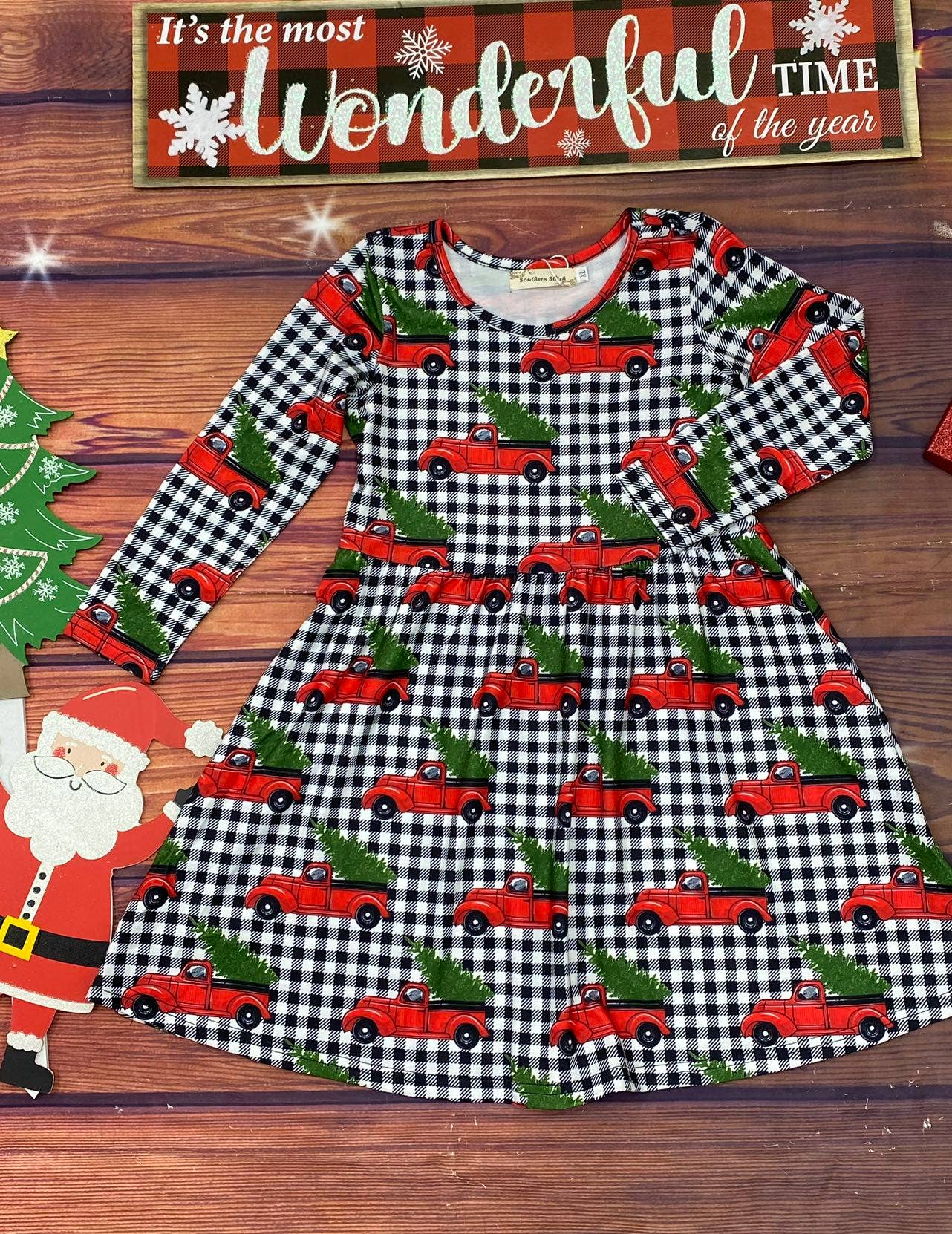 Red truck&tree black/white plaid sleeve dress XCH0017-8H
