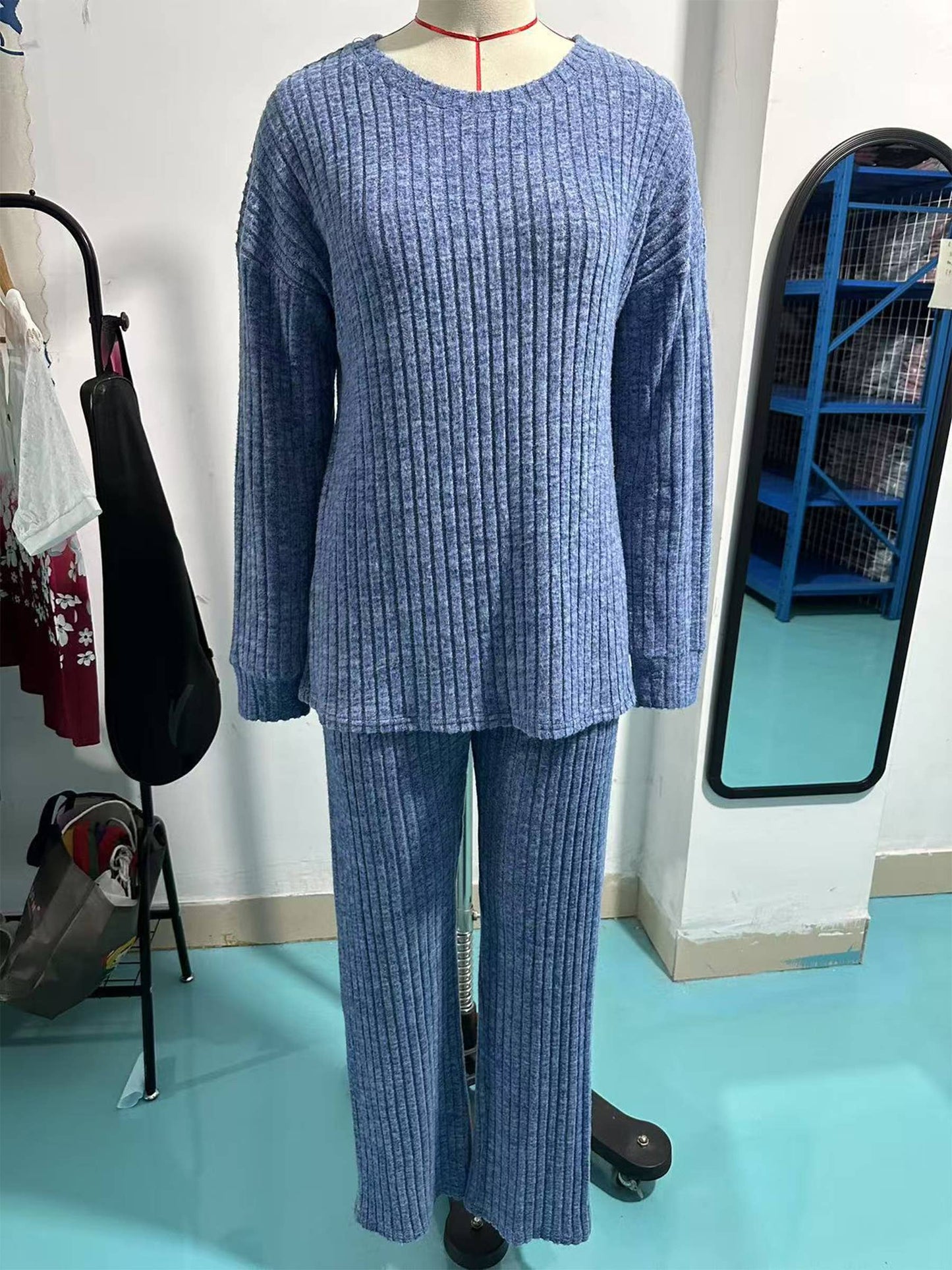 Round Neck Knitted Brushed Long Sleeved Pants Set