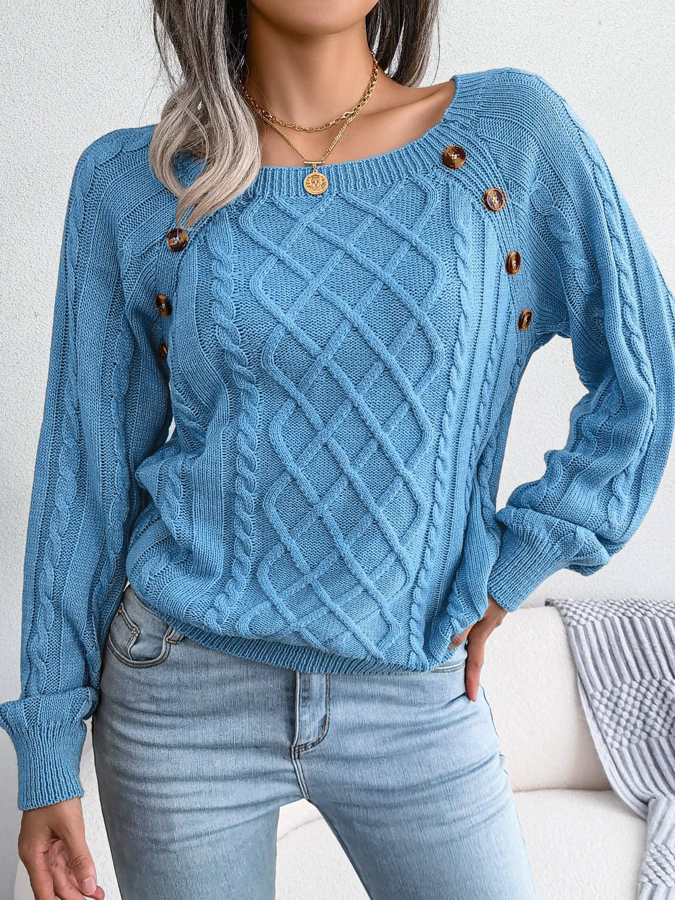 Fall Winter Casual Square Neck Button Detail Cable Knit Swea
