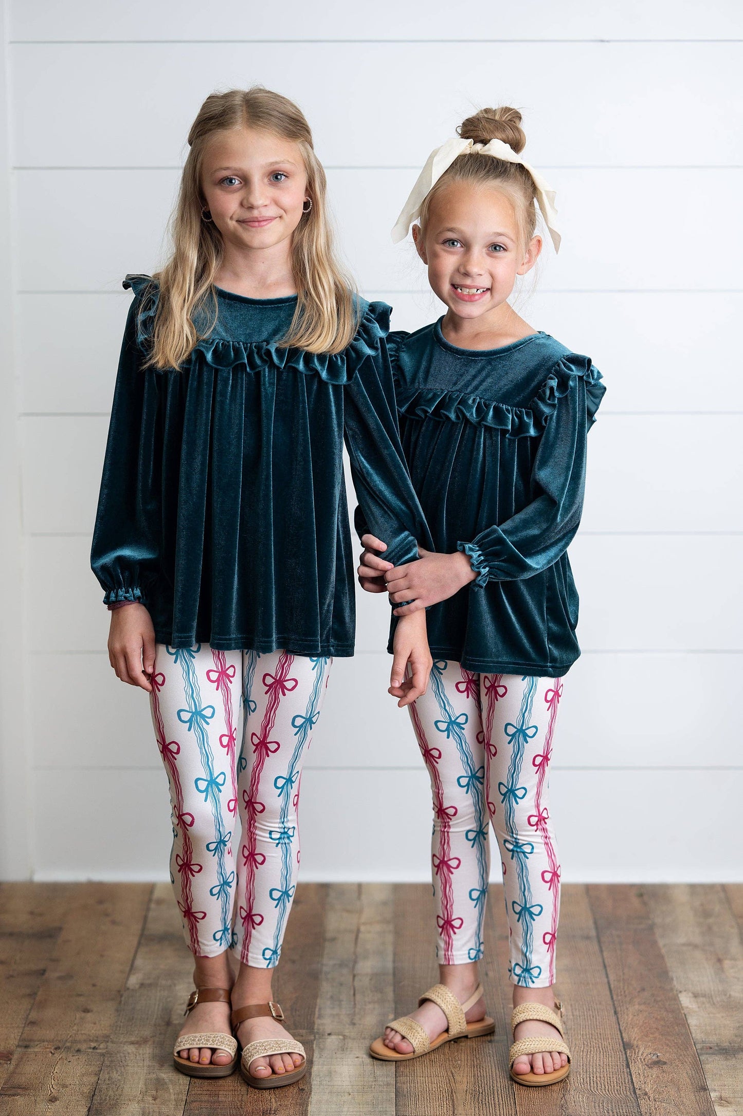 Girls Teal Velvet Coquette Bow Ruffle Fancy Pant Set