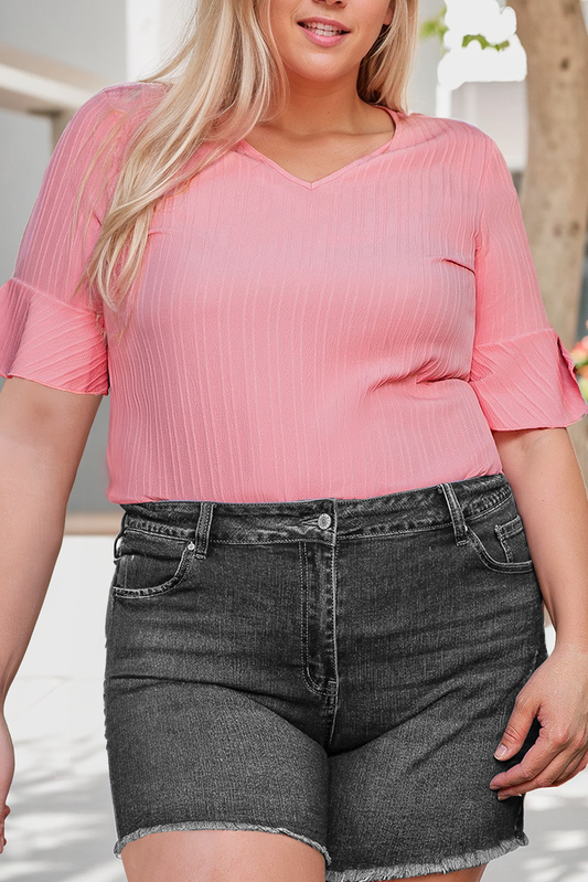 Plus Size Solid Textured V Neck Short Sleeve Blouse