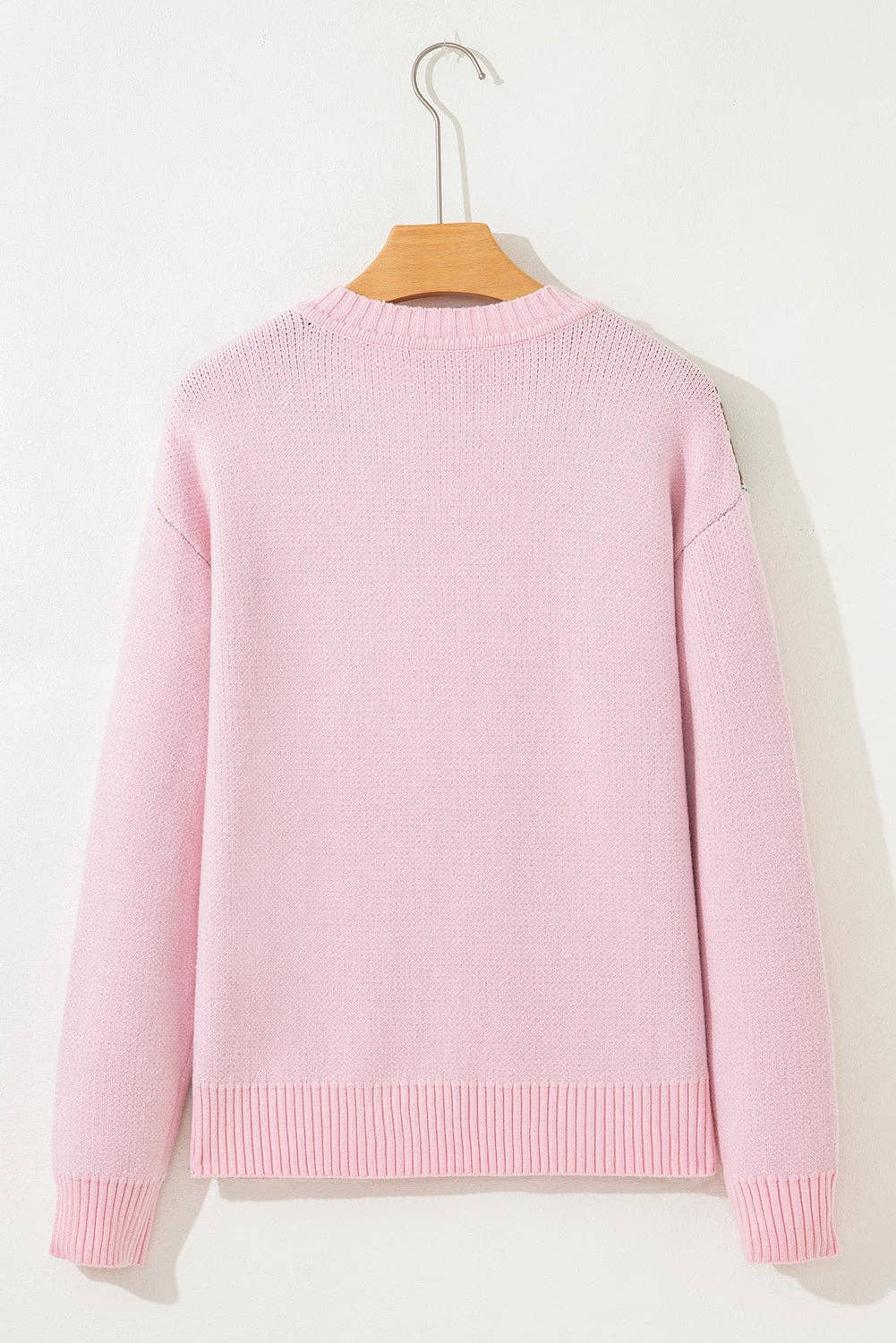 Pink Christmas Ginger Bread Man Print Round Neck Casual Sweater
