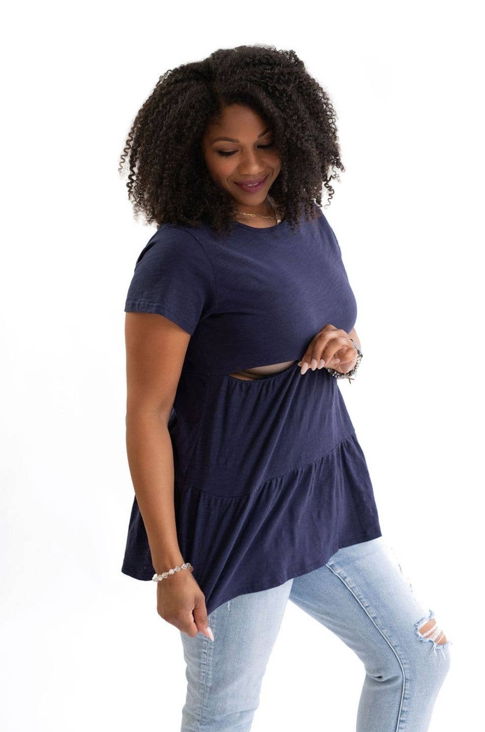Cotton Nursing Top - Ruffle Navy