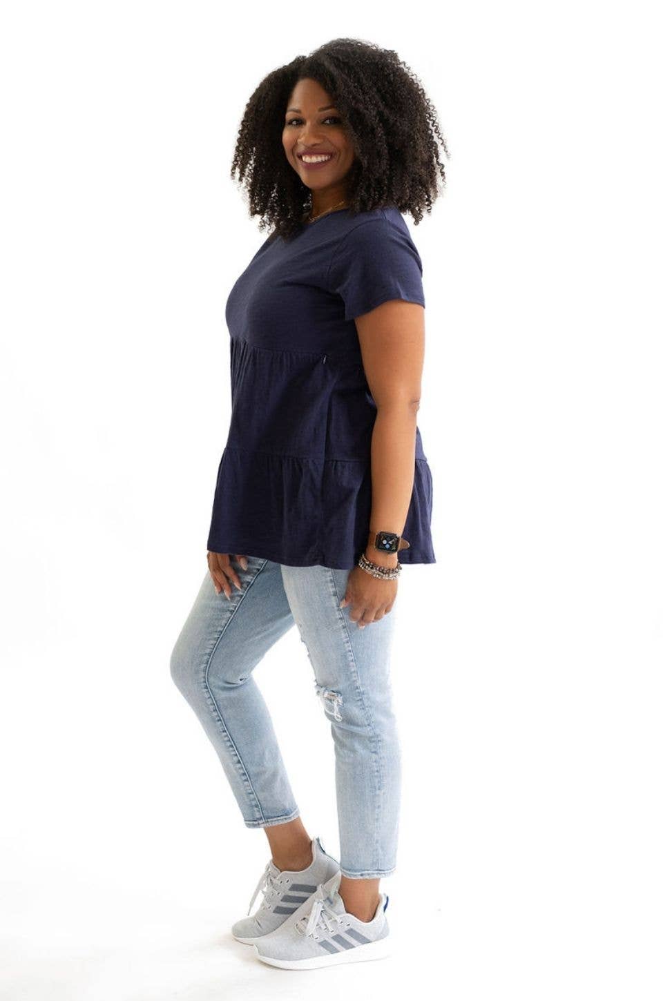 Cotton Nursing Top - Ruffle Navy