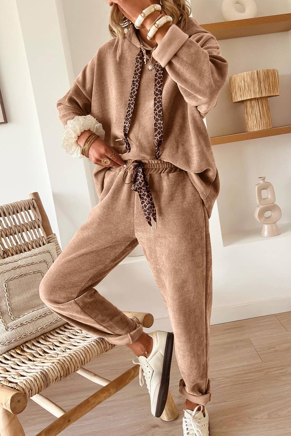 Drawstring Pullover Hoodie and High Waist Pants Corduroy Set