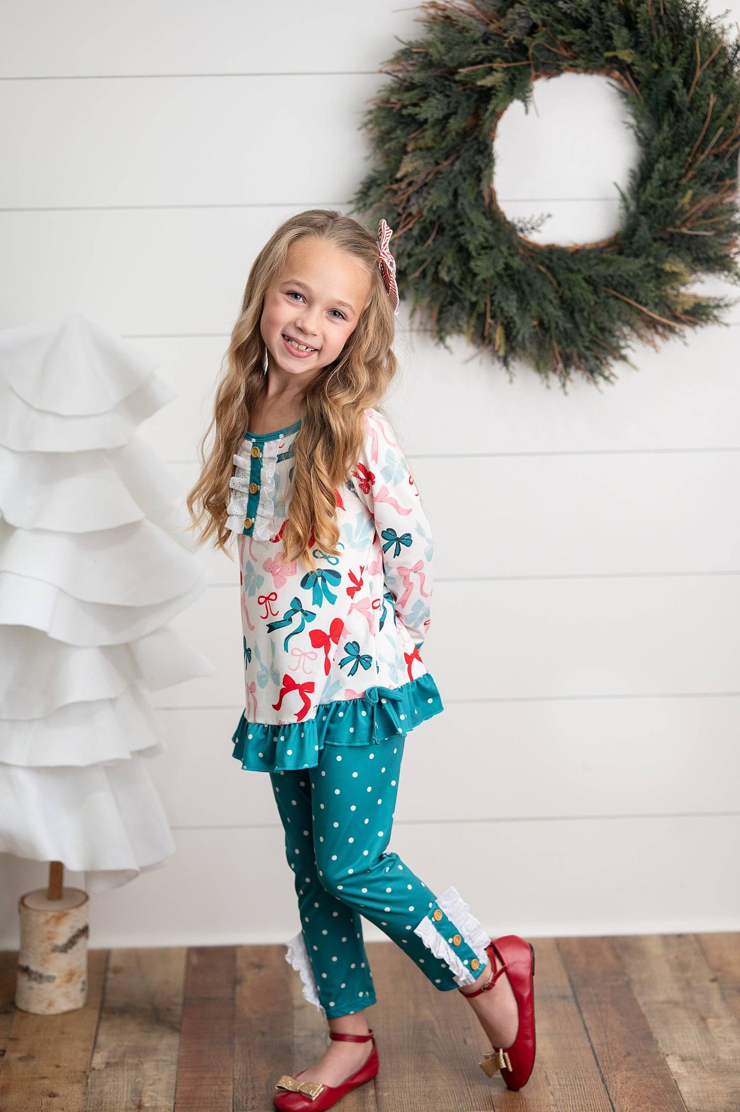 Girls Teal Coquette Bow & Pin Dot Ruffle Pant Winter Set