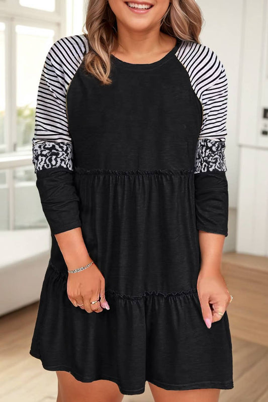 Plus Size Striped Leopard Patch Sleeve Ruffle Tiered Dress