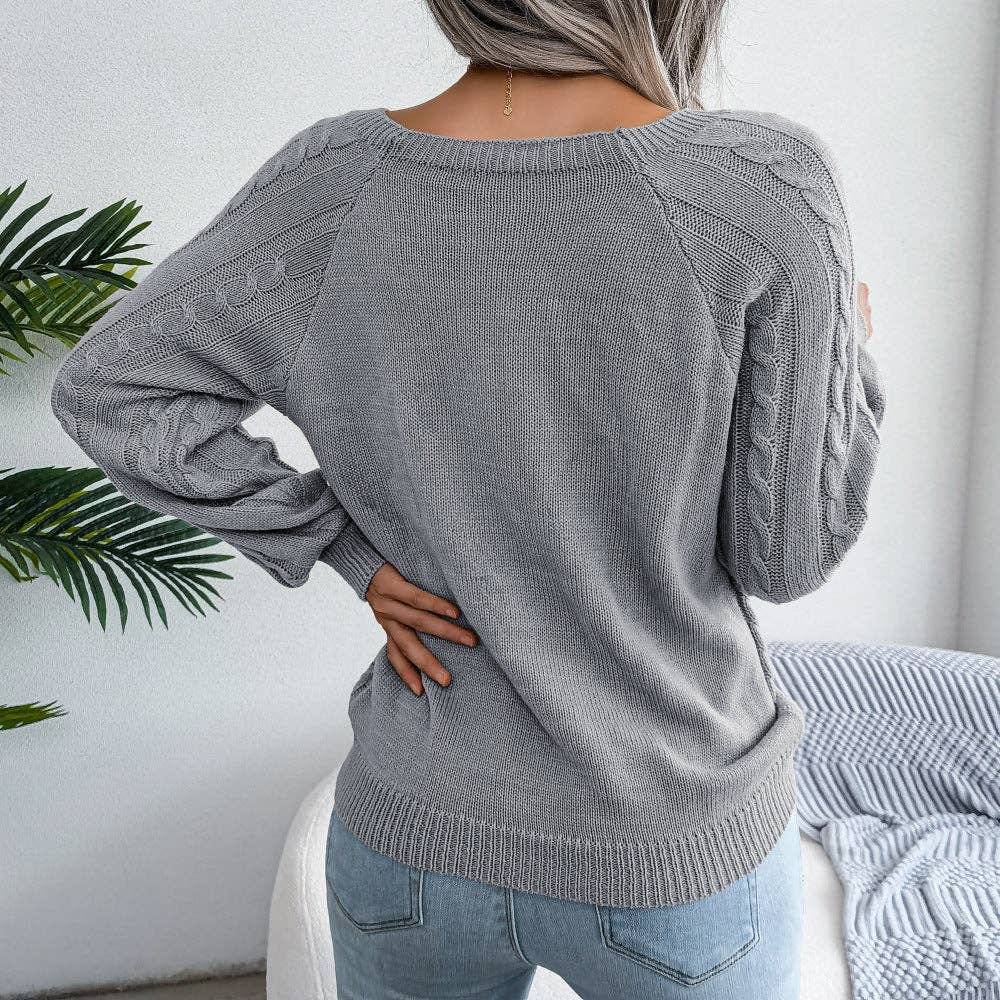 Fall Winter Casual Square Neck Button Detail Cable Knit Swea