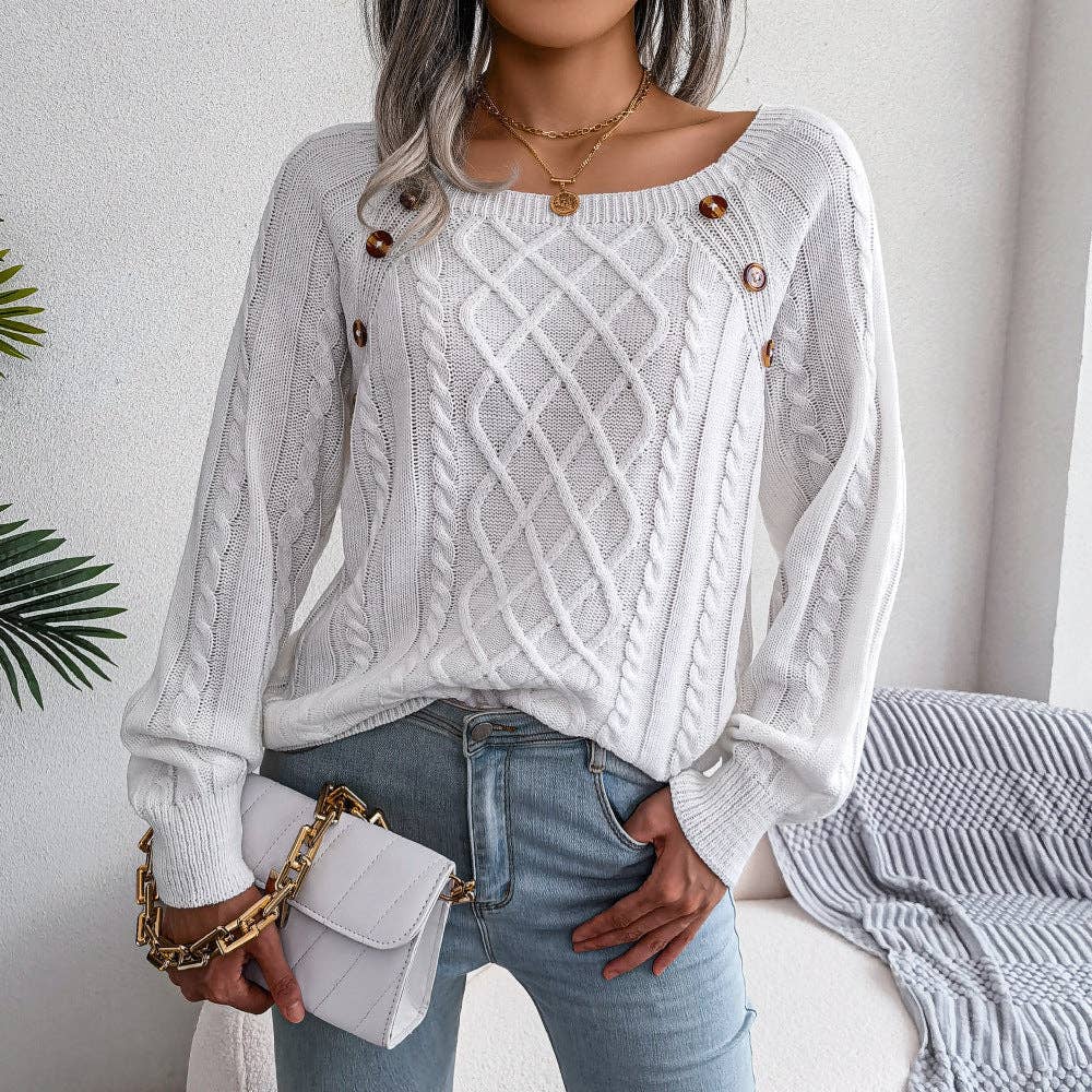 Fall Winter Casual Square Neck Button Detail Cable Knit Swea