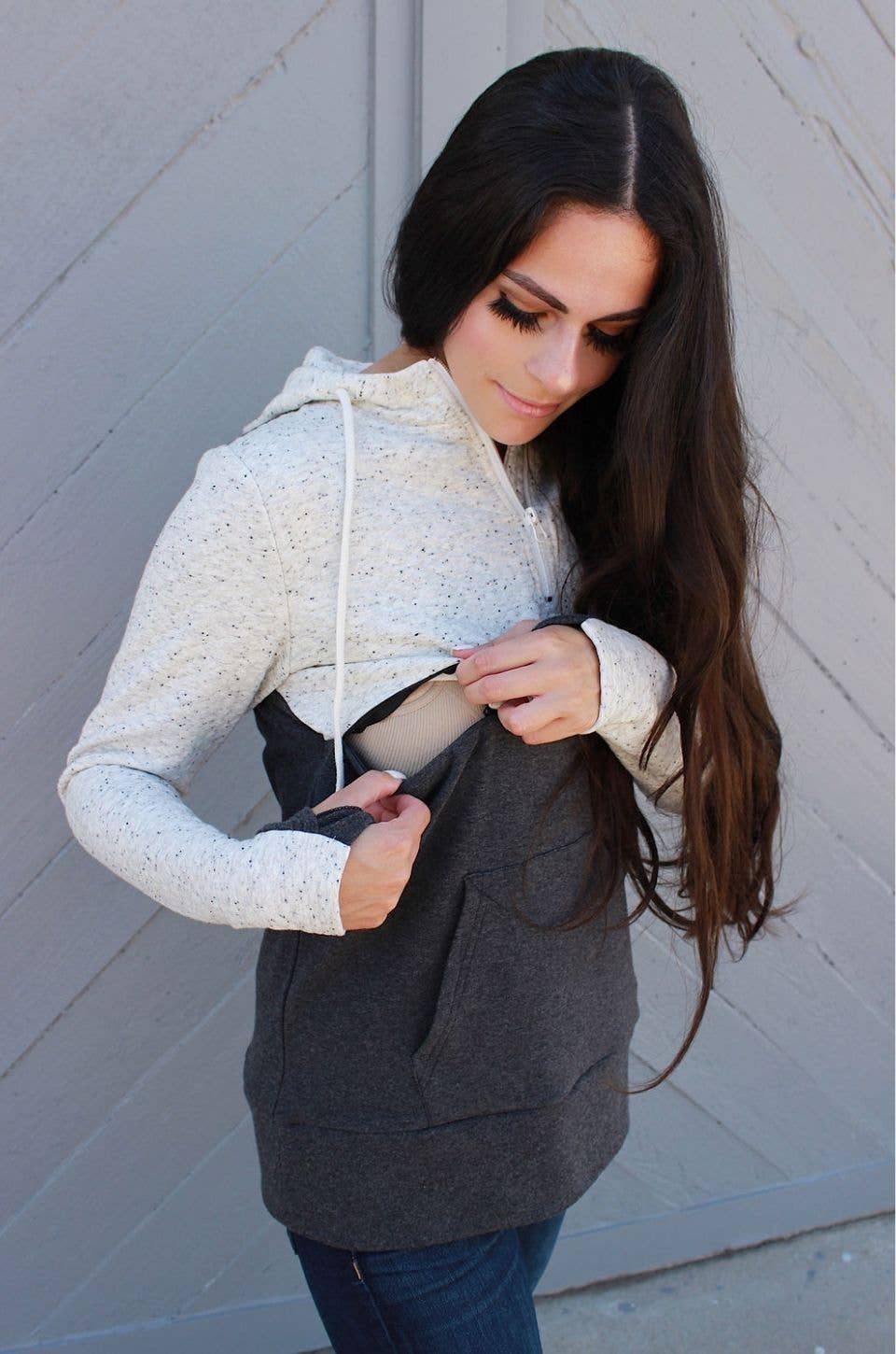 Nursing Hoodie - Quarter Zip - Hidden Zipper - Oatmeal Waffle