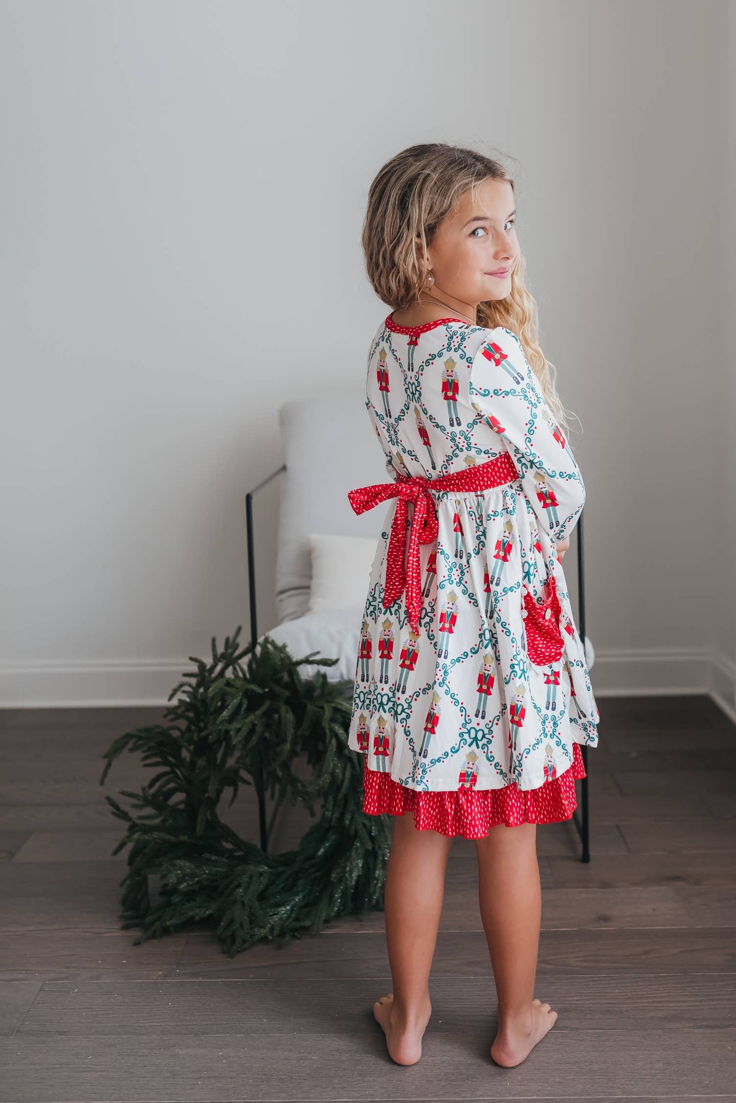 Kids Christmas Holiday Nutcracker Pocket Tie Ruffle Dress