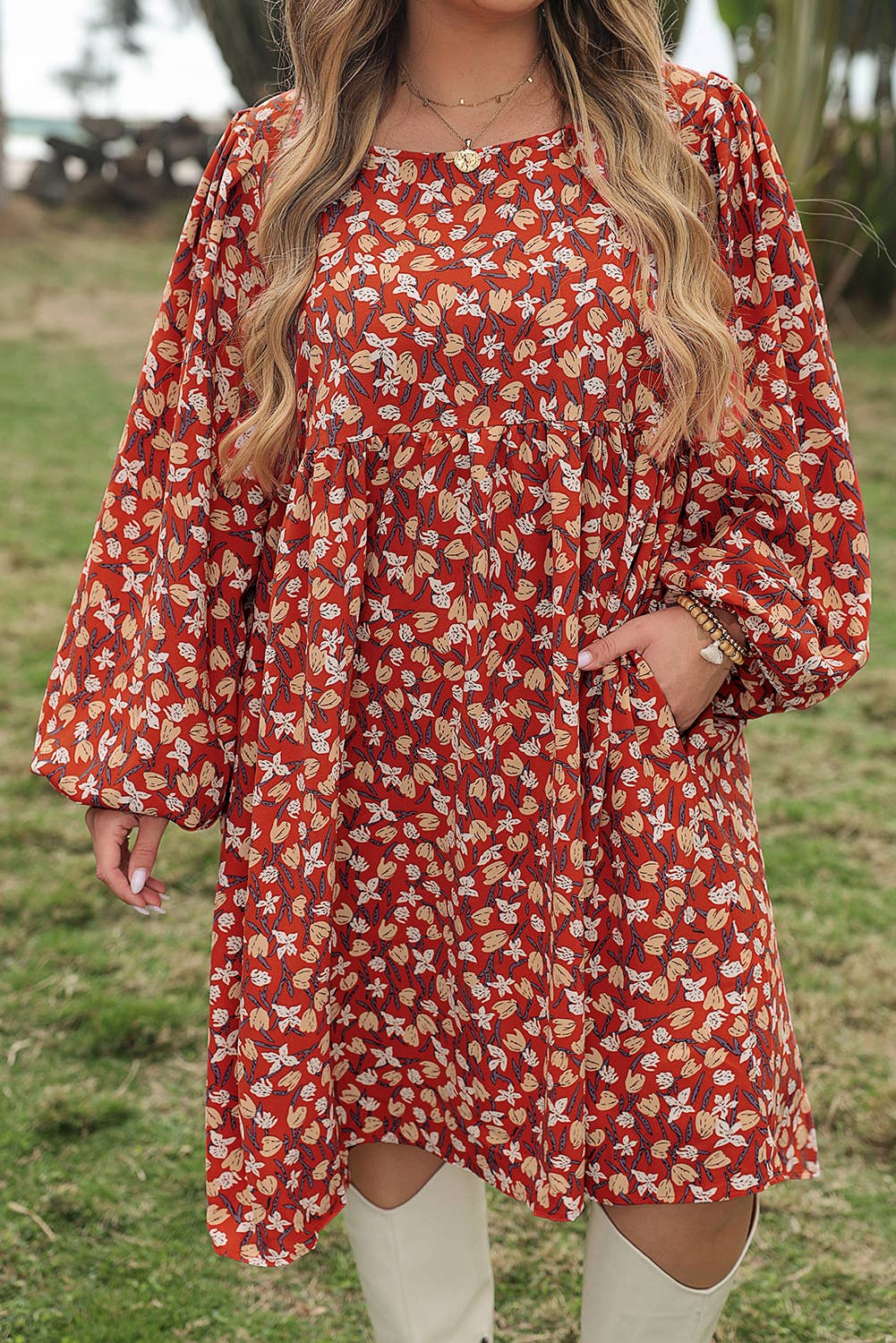Gold Flame Ploral Print Plus Size Midi Dress