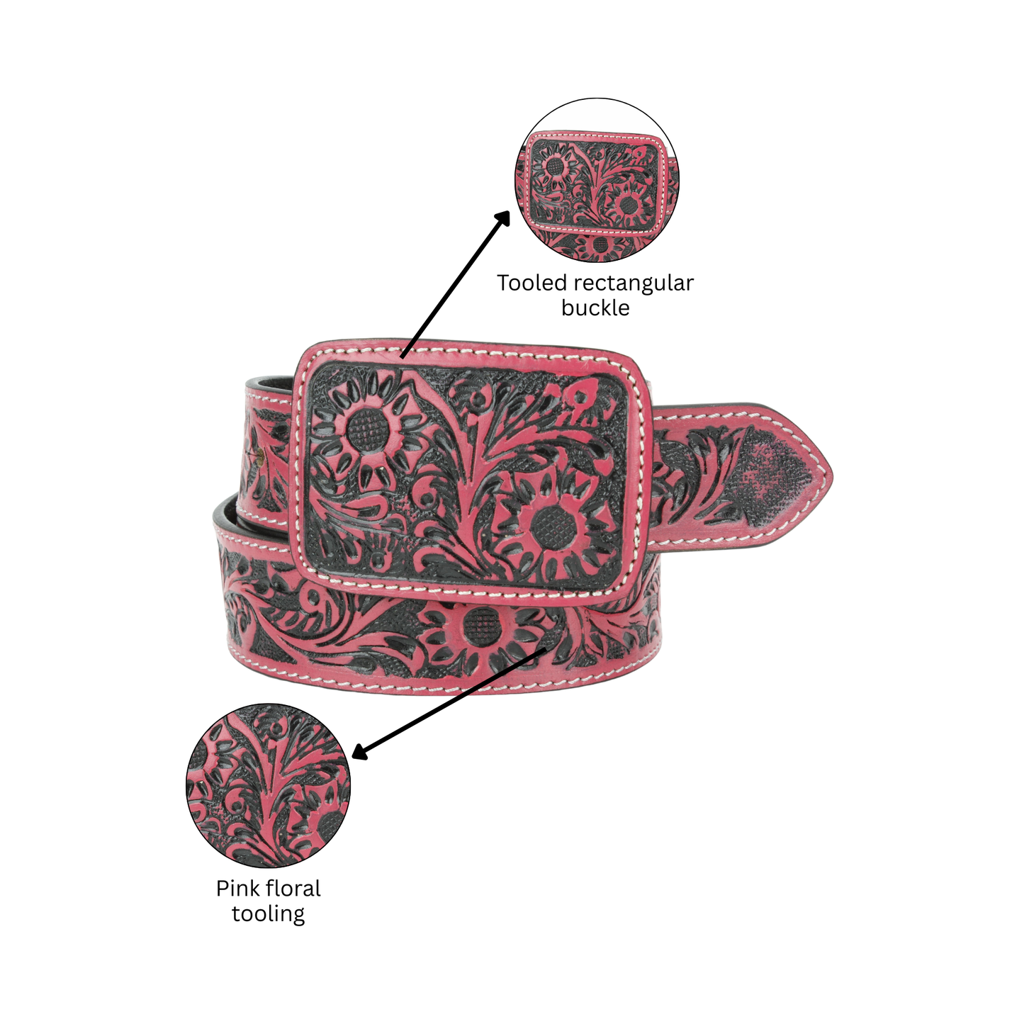 Western Tooled Leather Belt in Black and Pink ABB 38 1013