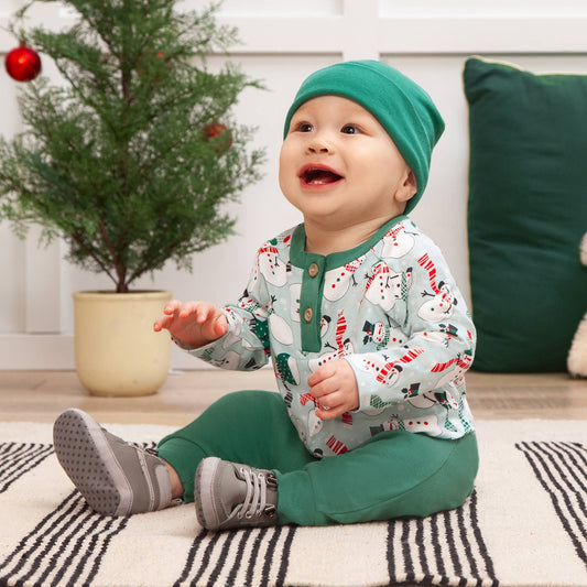 Christmas Snowmen Baby Boy's Bamboo Henley Top & Pants