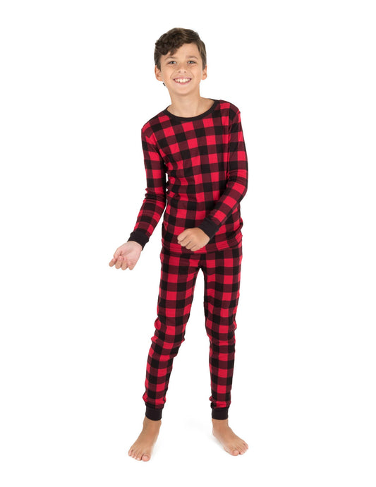 Kids Two Piece Cotton Pajamas Black & Red Plaid