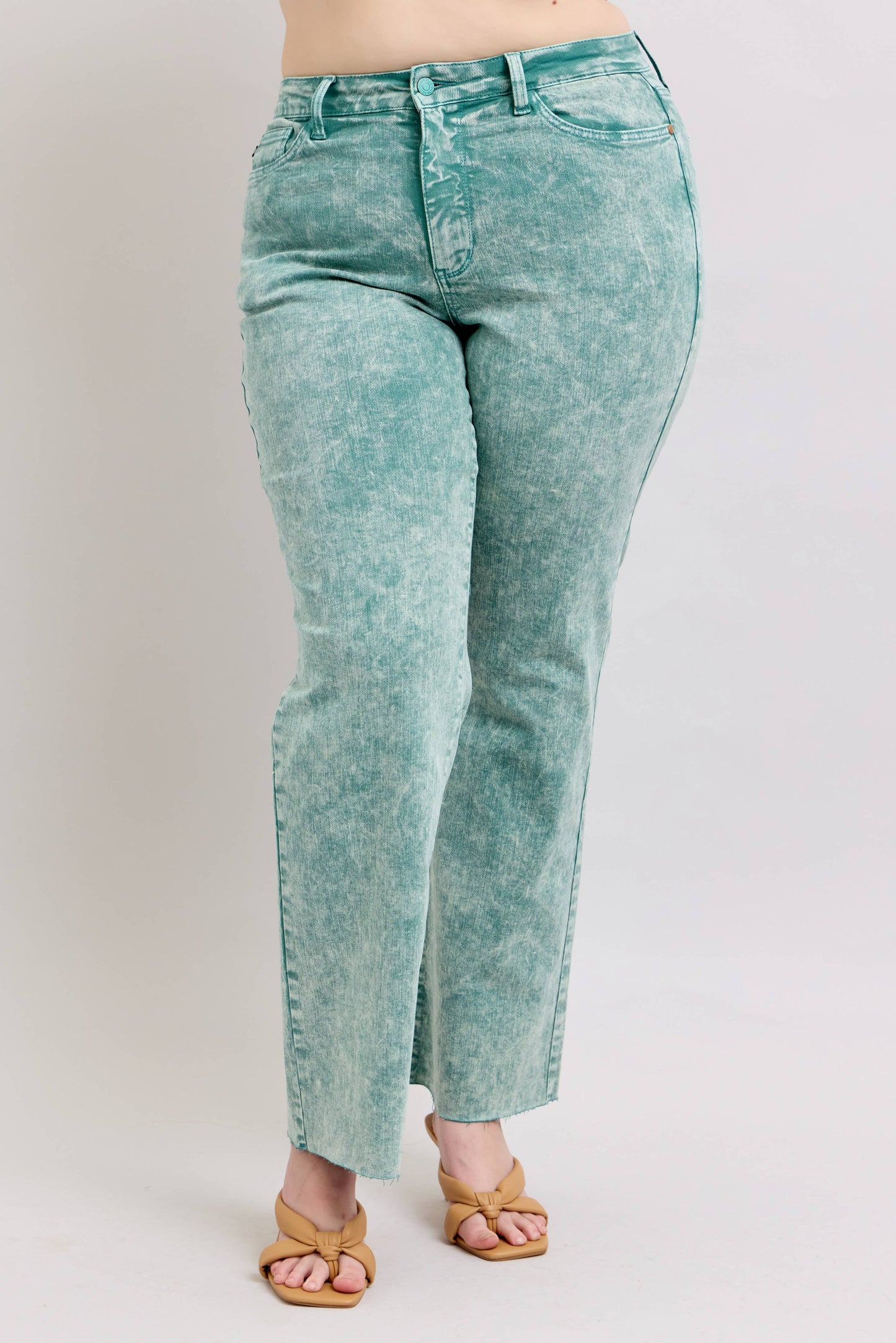 Sea Green High Waisted Raw Hem Dad Jean - PLUS