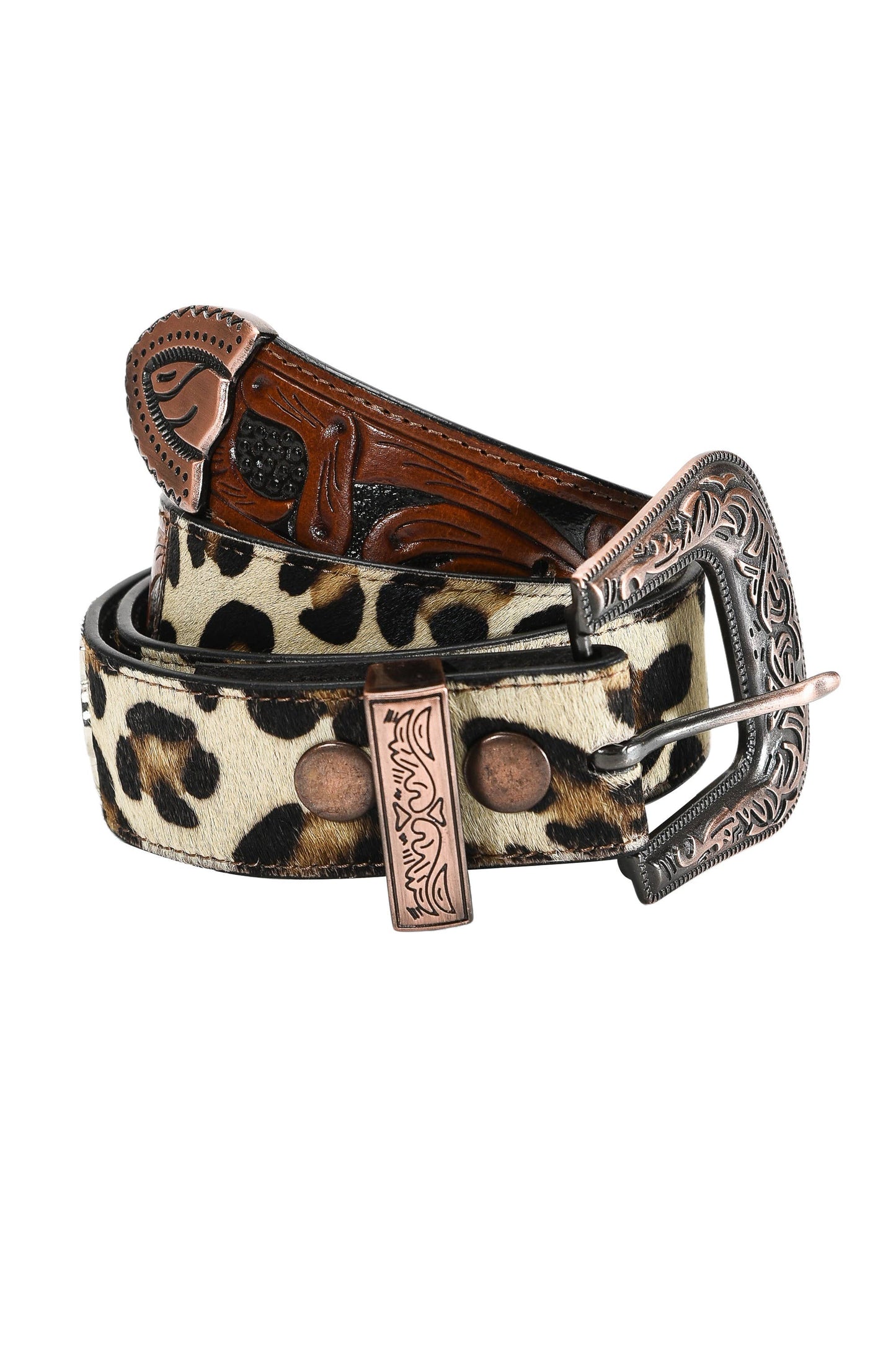 Mixed media leopard print tooled leather belt #ABB 001