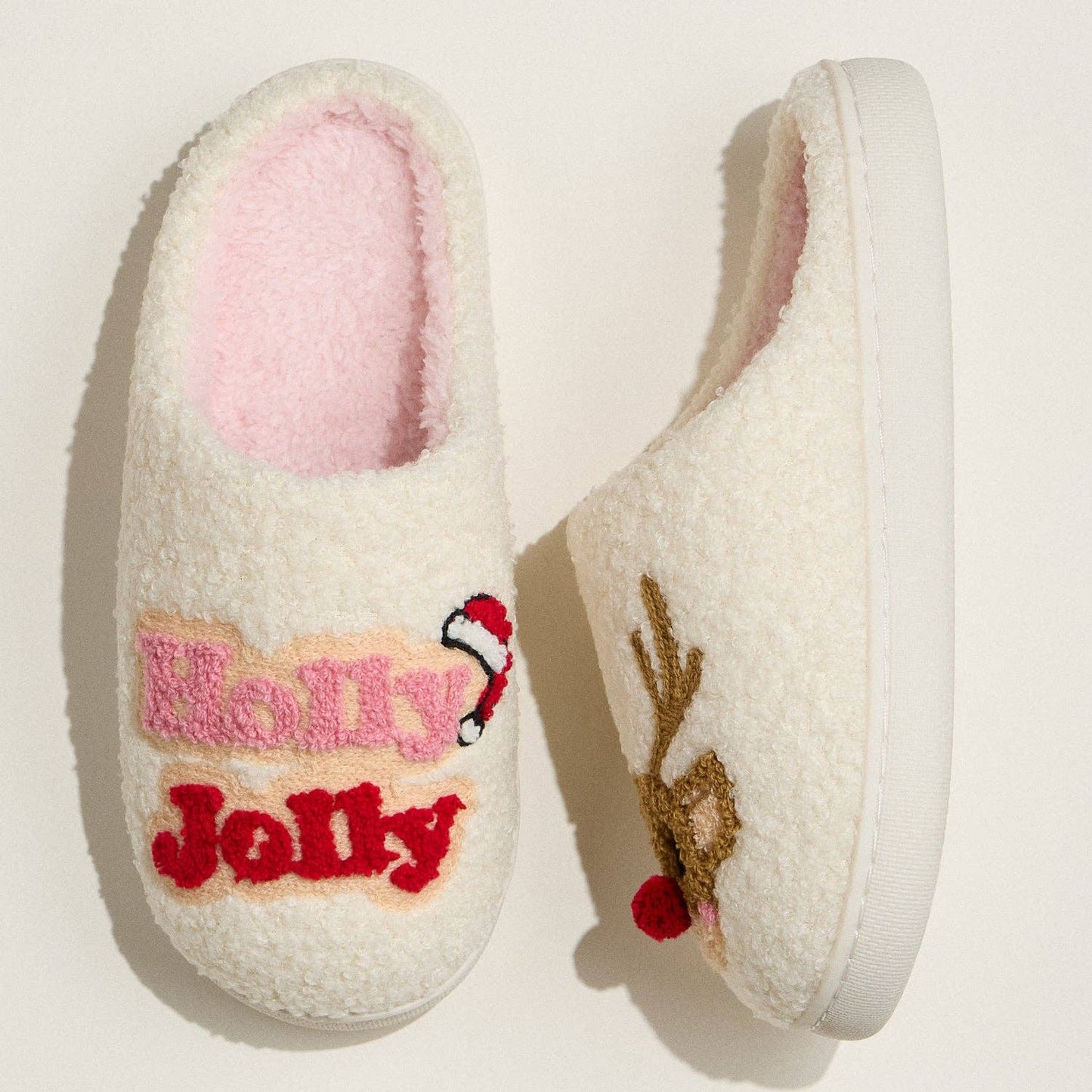Festive Reindeer Slippers with Holly Embroidery for Christmas Gift