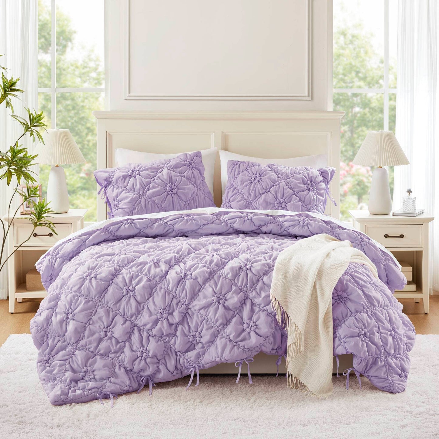 Bowtie Lightweight Puffy Floral Comforter Set, Purple