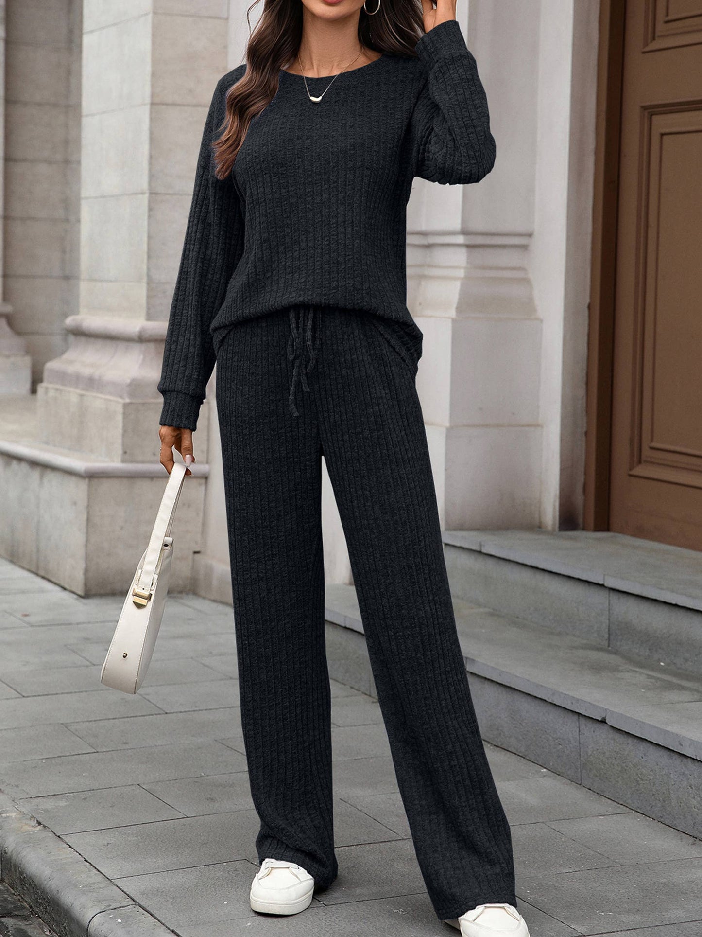 Round Neck Knitted Brushed Long Sleeved Pants Set