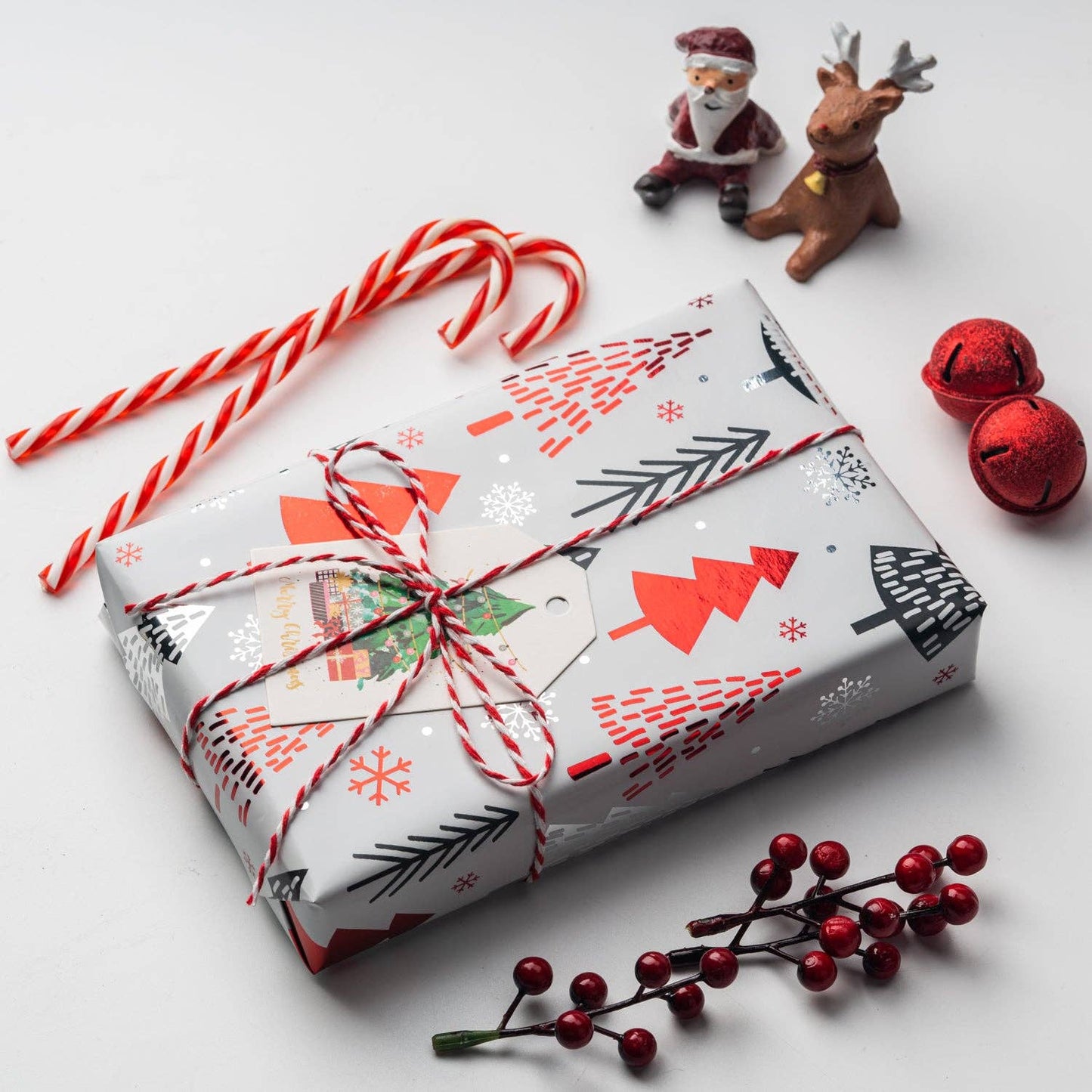 30" x 10' Holiday Wrapping Paper | "Abstract Trees" Gray/Red