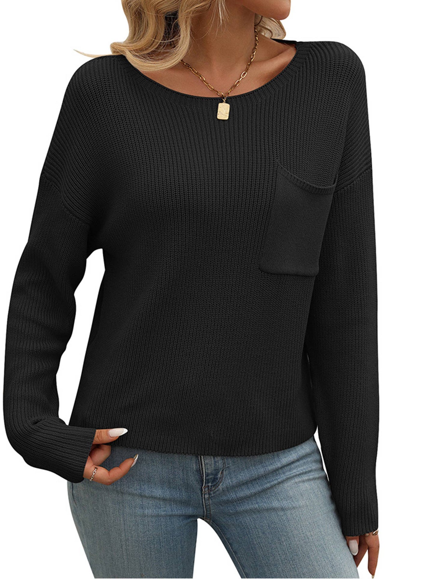 Round Neck Pocket Long Sleeved Sweater