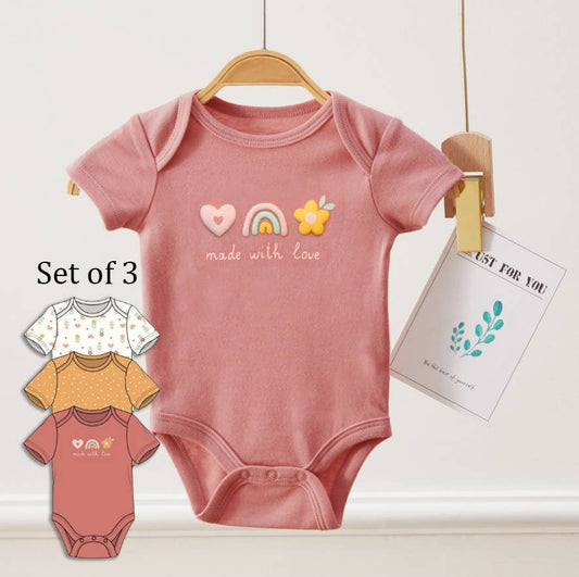 Pack of 3 Baby Love Puff Screen Print Pattern Bodysuits